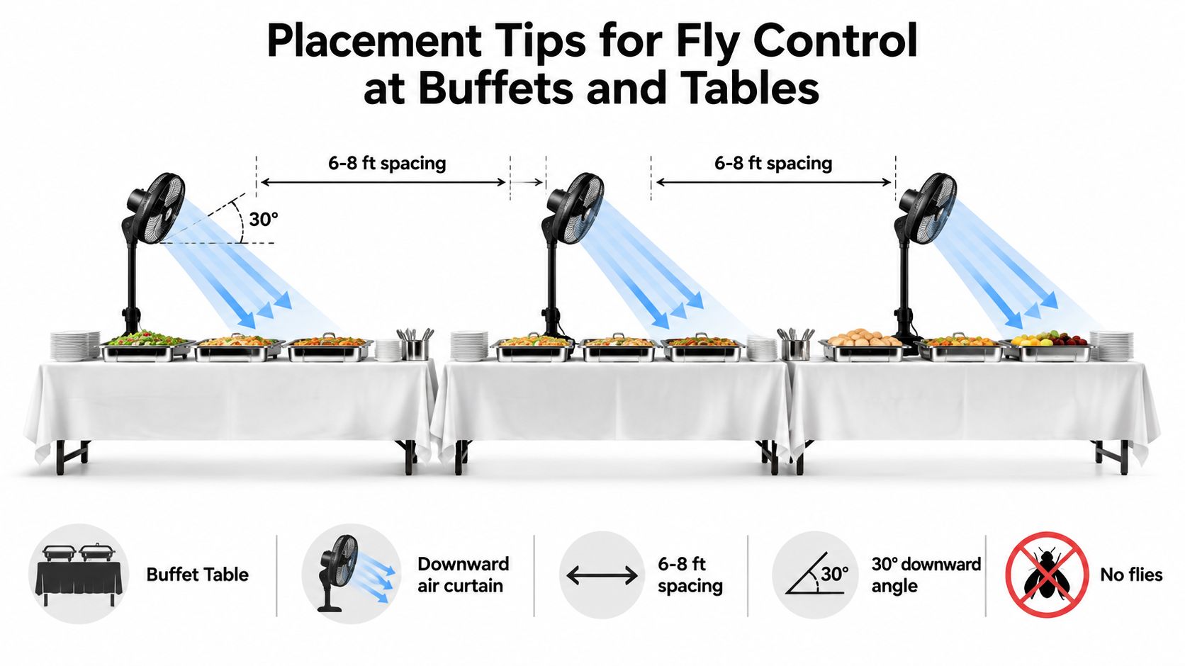 An infographic showing the optimal placement of buffet fans to create air curtains and prevent flies.