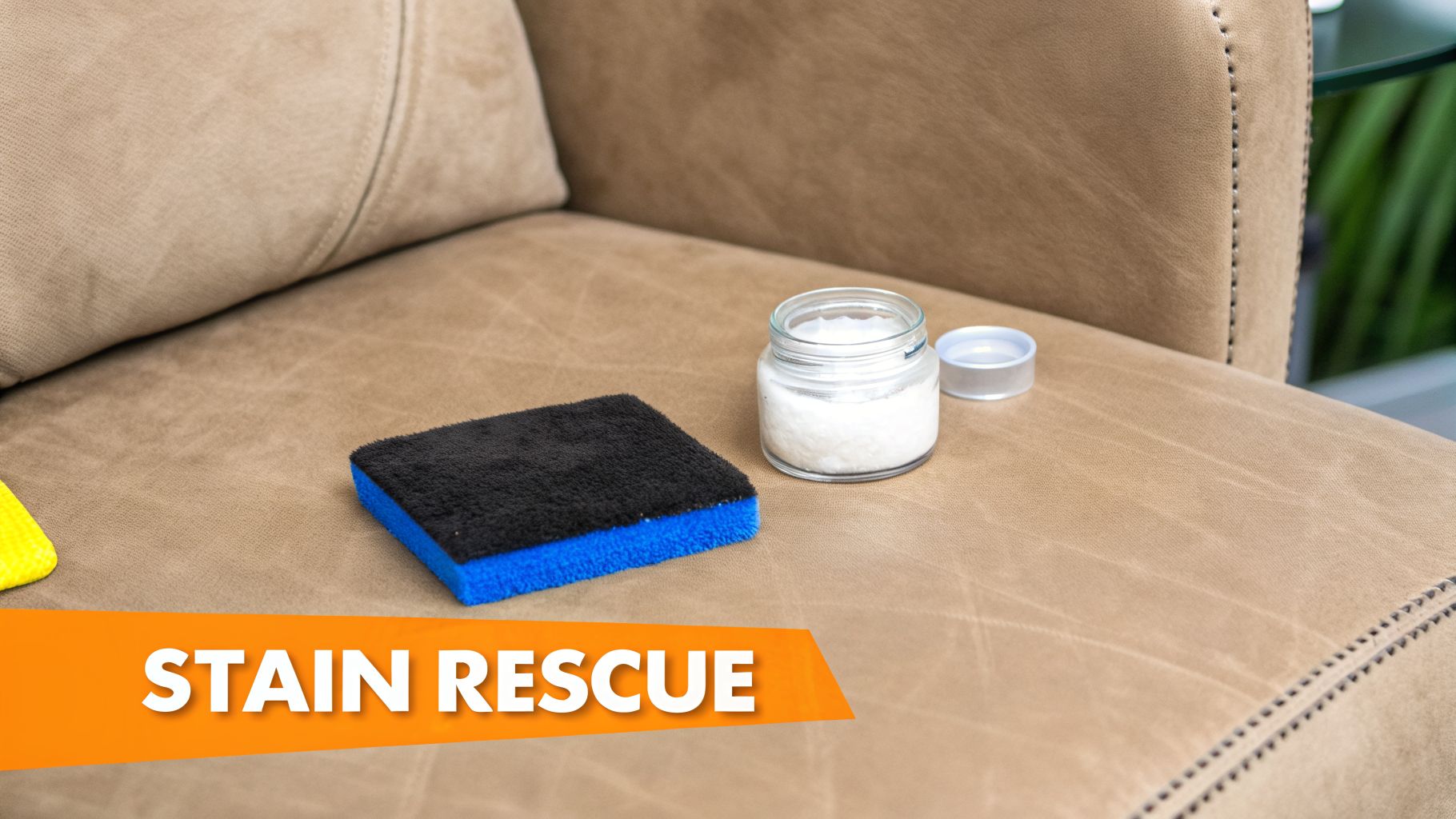 Close-up of a tan suede sofa with a black and blue cleaning sponge and a jar of white powder for stain rescue.