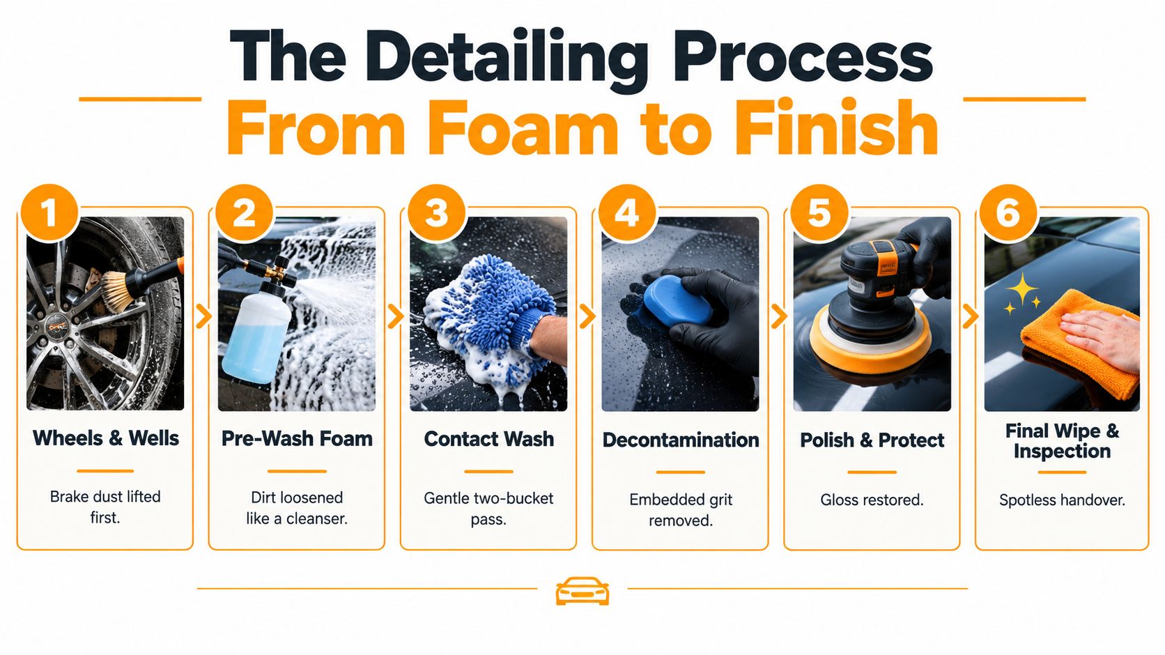 An infographic showing the six steps of the professional car detailing process, from wheels to final inspection.