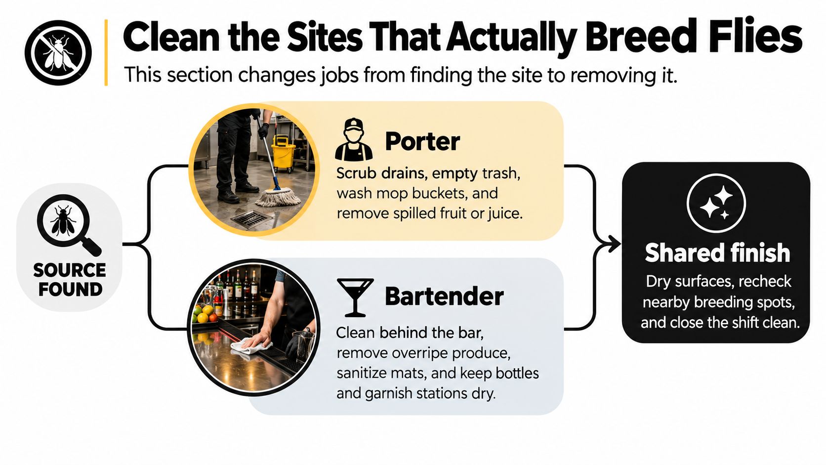 An infographic detailing fly breeding site removal procedures for restaurant porters and bartenders to maintain hygiene.