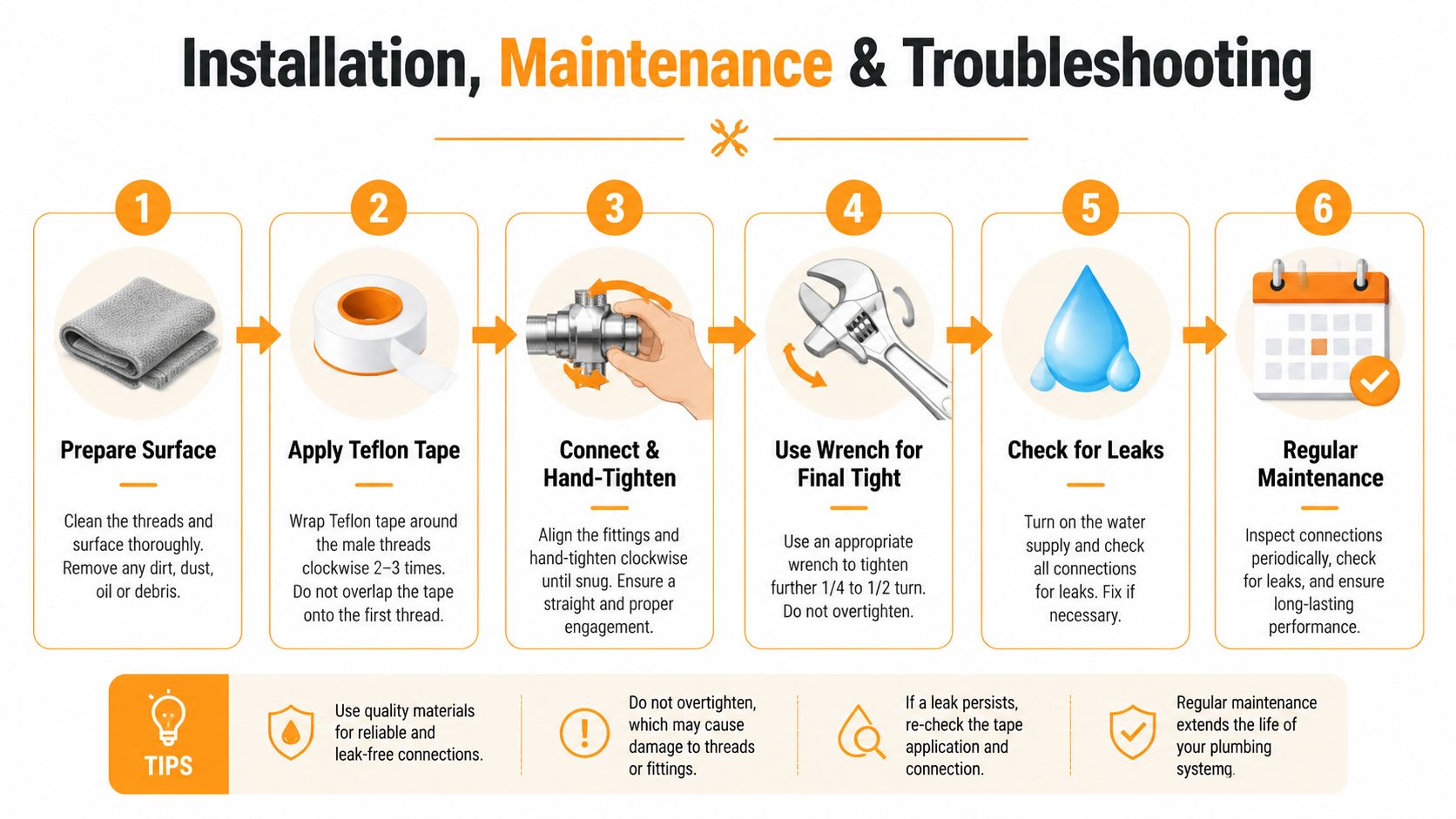 A six-step guide illustrating how to install a quick disconnect fitting using Teflon tape and a wrench.