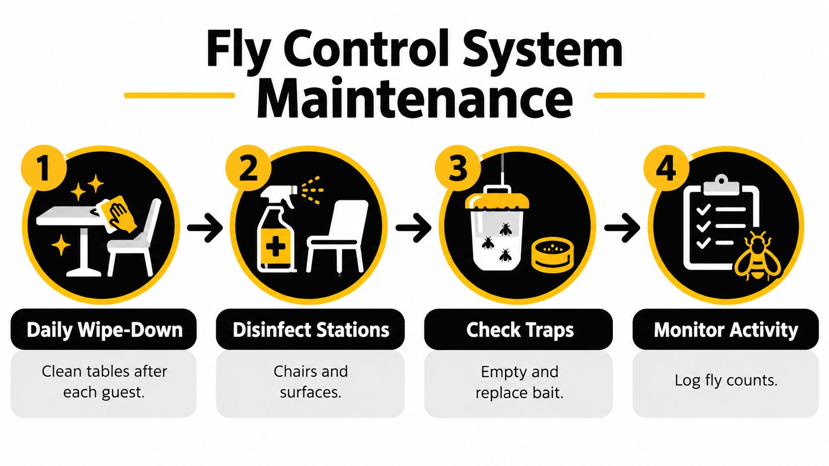 An infographic showing four steps for fly control maintenance in an outdoor dining environment.