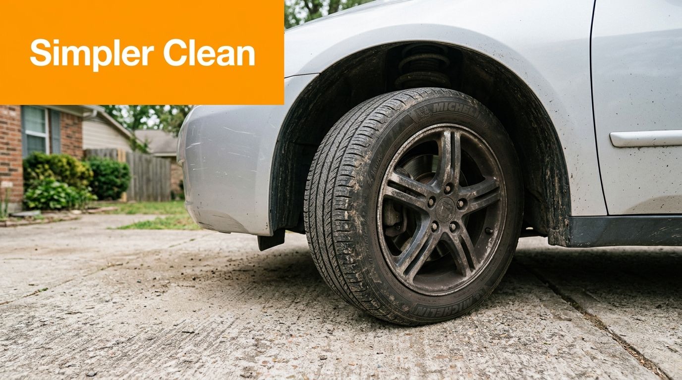A dirty car tire and alloy wheel sitting on a concrete driveway, needing a deep cleaning.