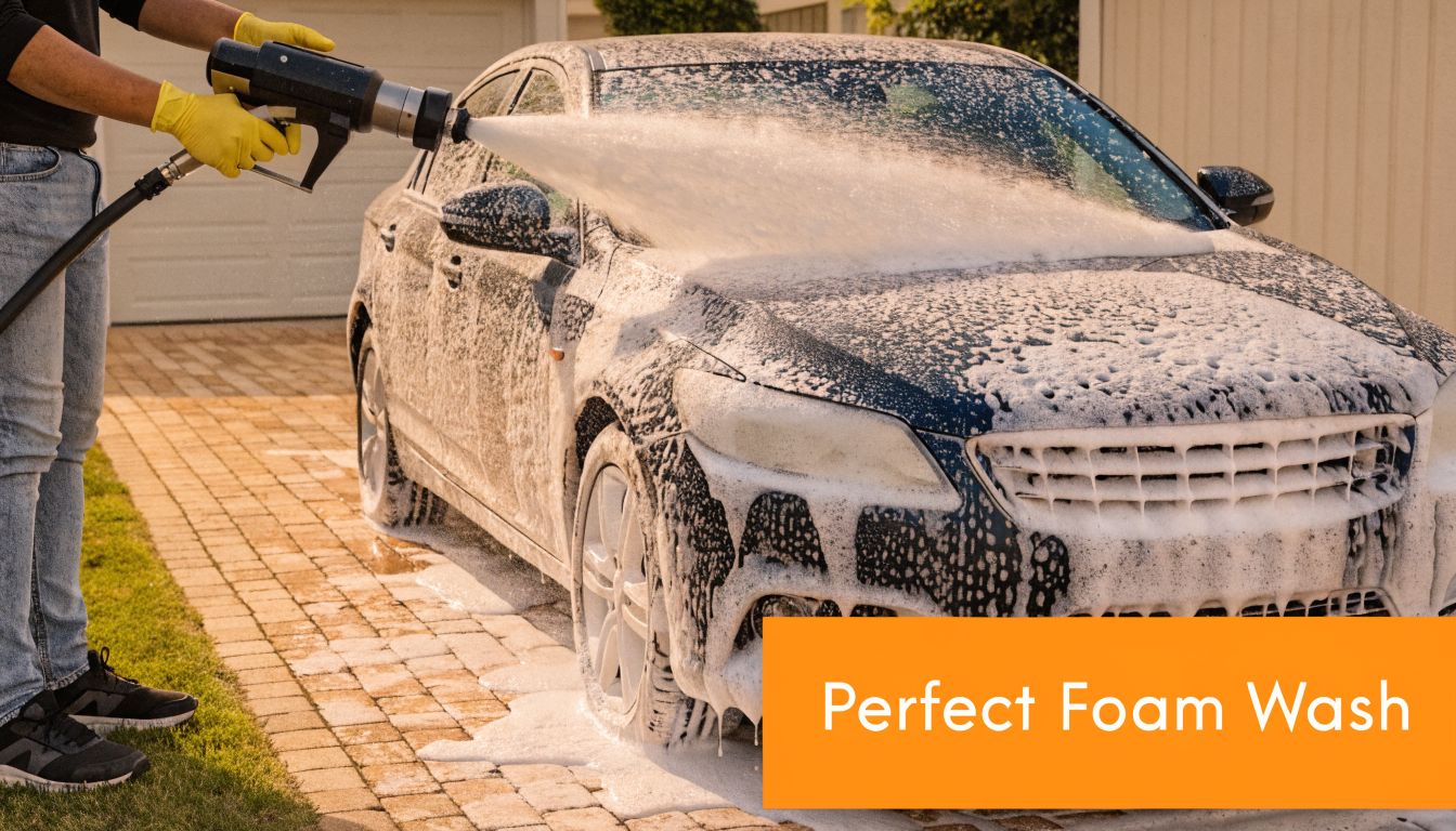 A person wearing yellow gloves uses a foam cannon to wash a dark car on a driveway.