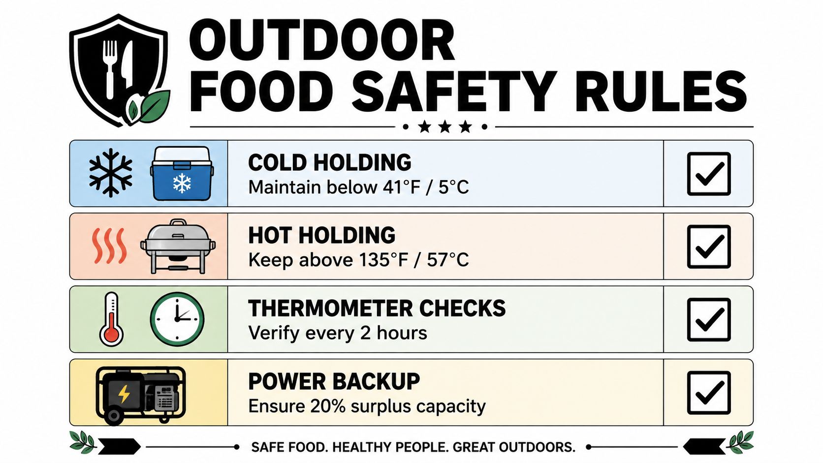 A safety infographic titled Outdoor Food Safety Rules outlining requirements for cold holding, hot holding, thermometer checks, and power backup.