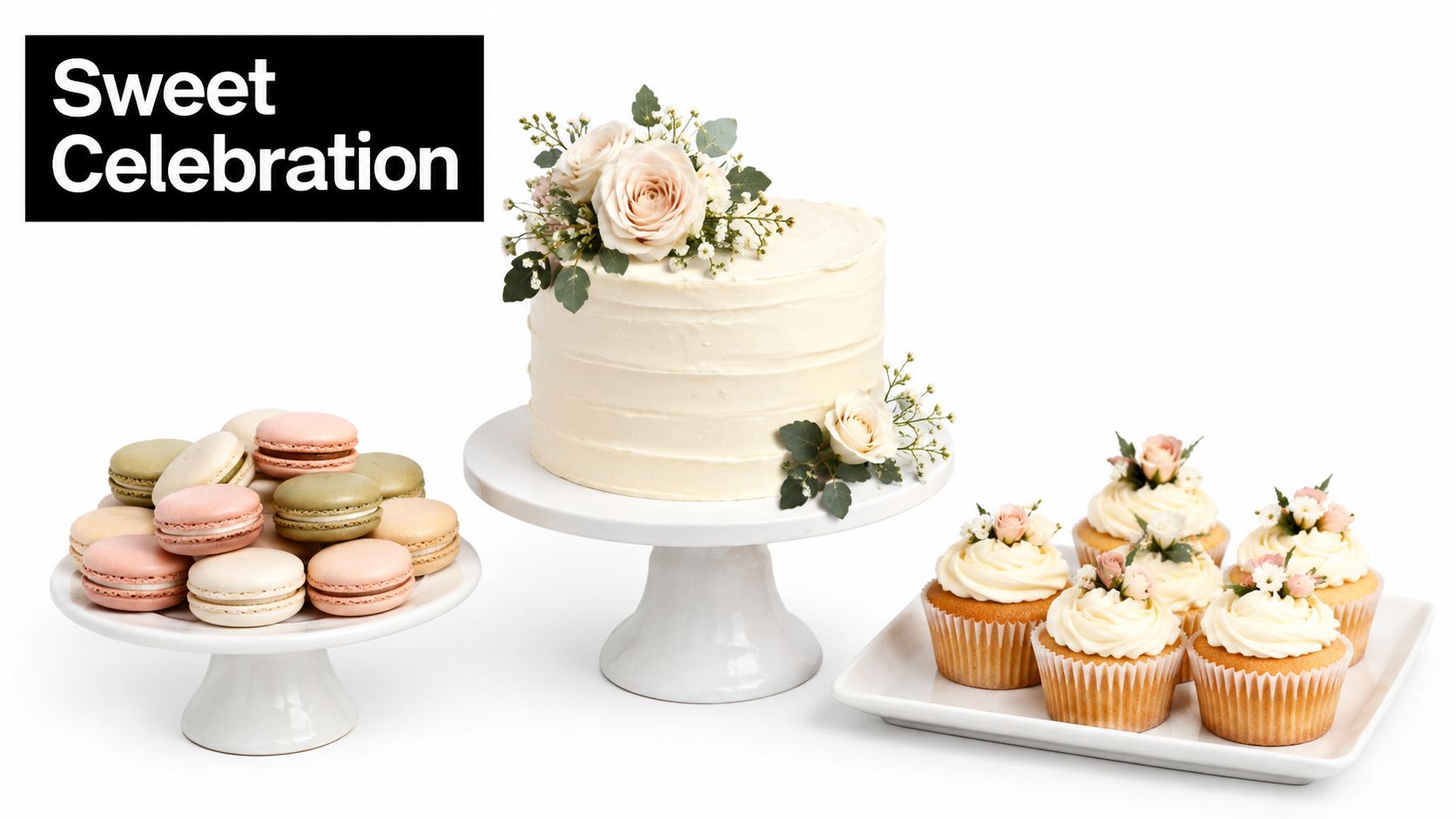 A wedding dessert table featuring a frosted cake, various pastel macarons, and decorated vanilla cupcakes.