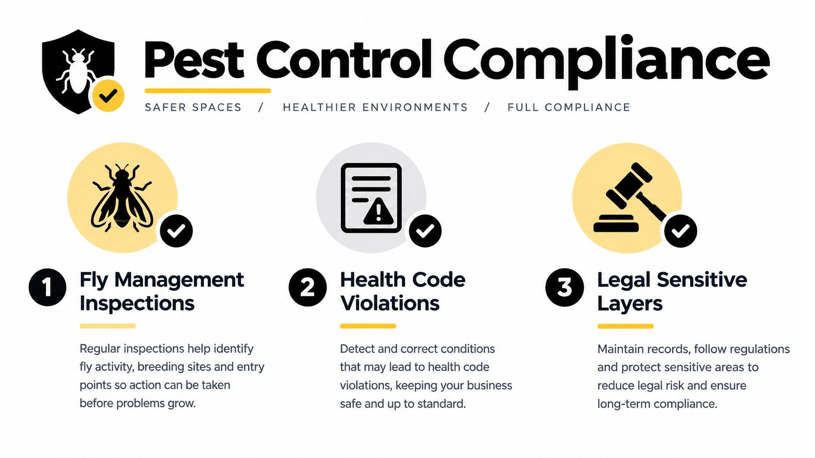 A graphic illustration detailing three steps for maintaining pest control compliance for business health and safety.