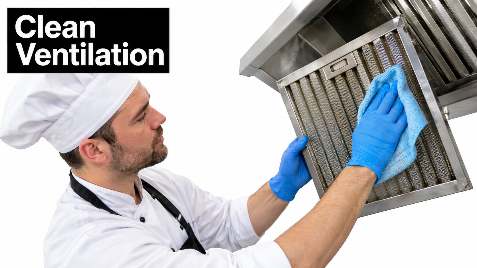 A professional chef cleaning a restaurant kitchen ventilation filter while wearing blue disposable protective gloves.