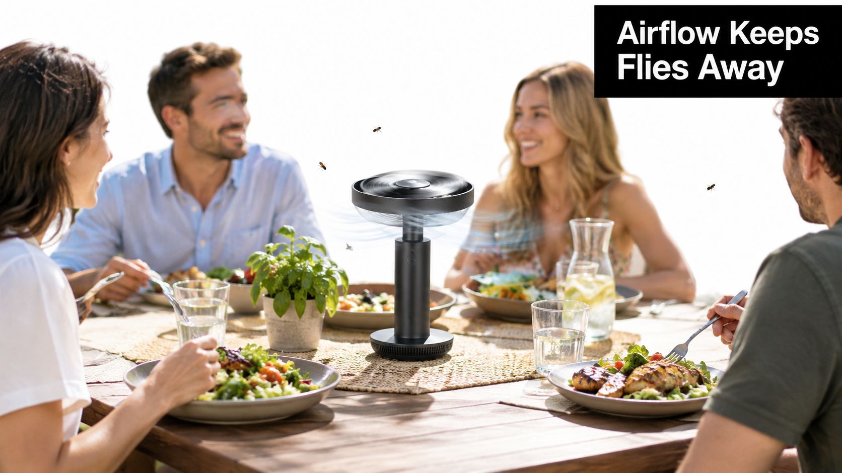 A group of friends dining outdoors with a black fly repellent fan placed on the table.