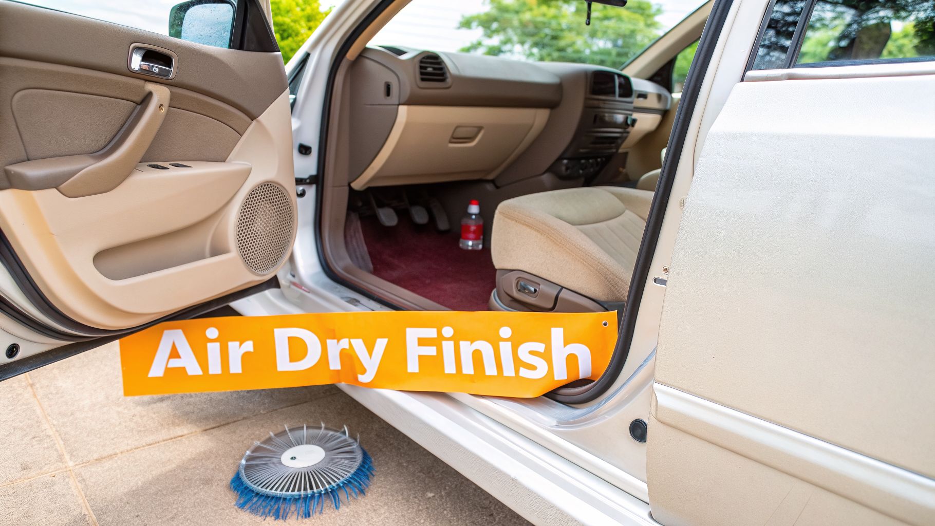 An open car door reveals a tan interior, red floor mats, and an orange 'Air Dry Finish' banner with a car brush on the ground.