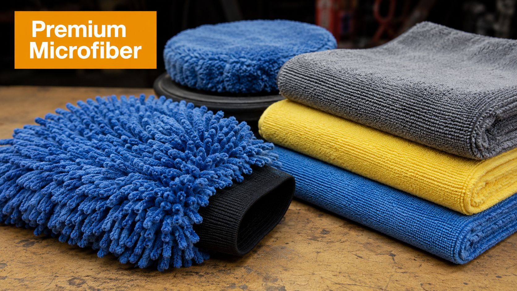A collection of premium microfiber cleaning products including a wash mitt, a polishing pad, and three towels.