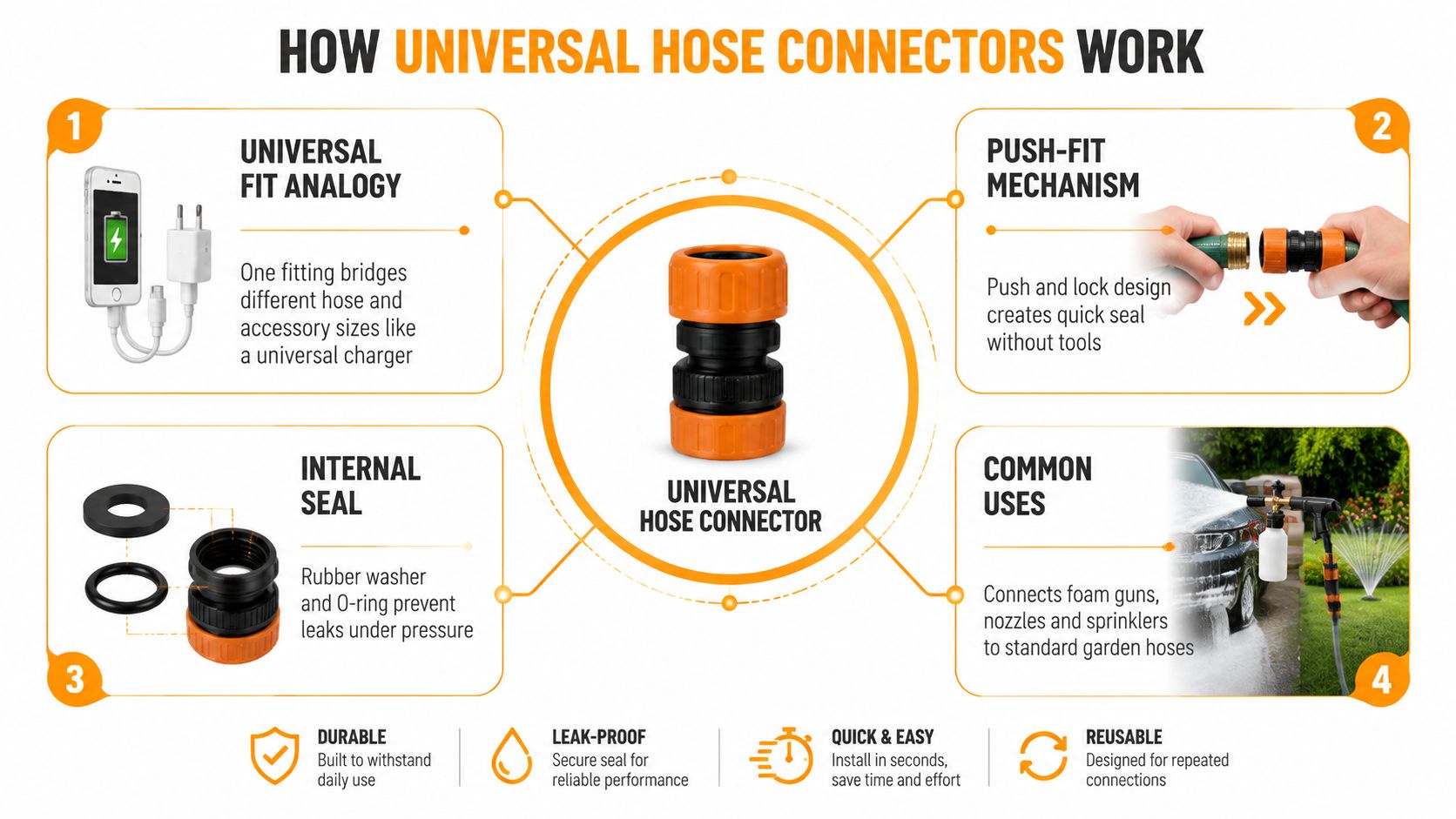 A diagram explaining how a universal garden hose connector functions using visual examples and descriptive text.