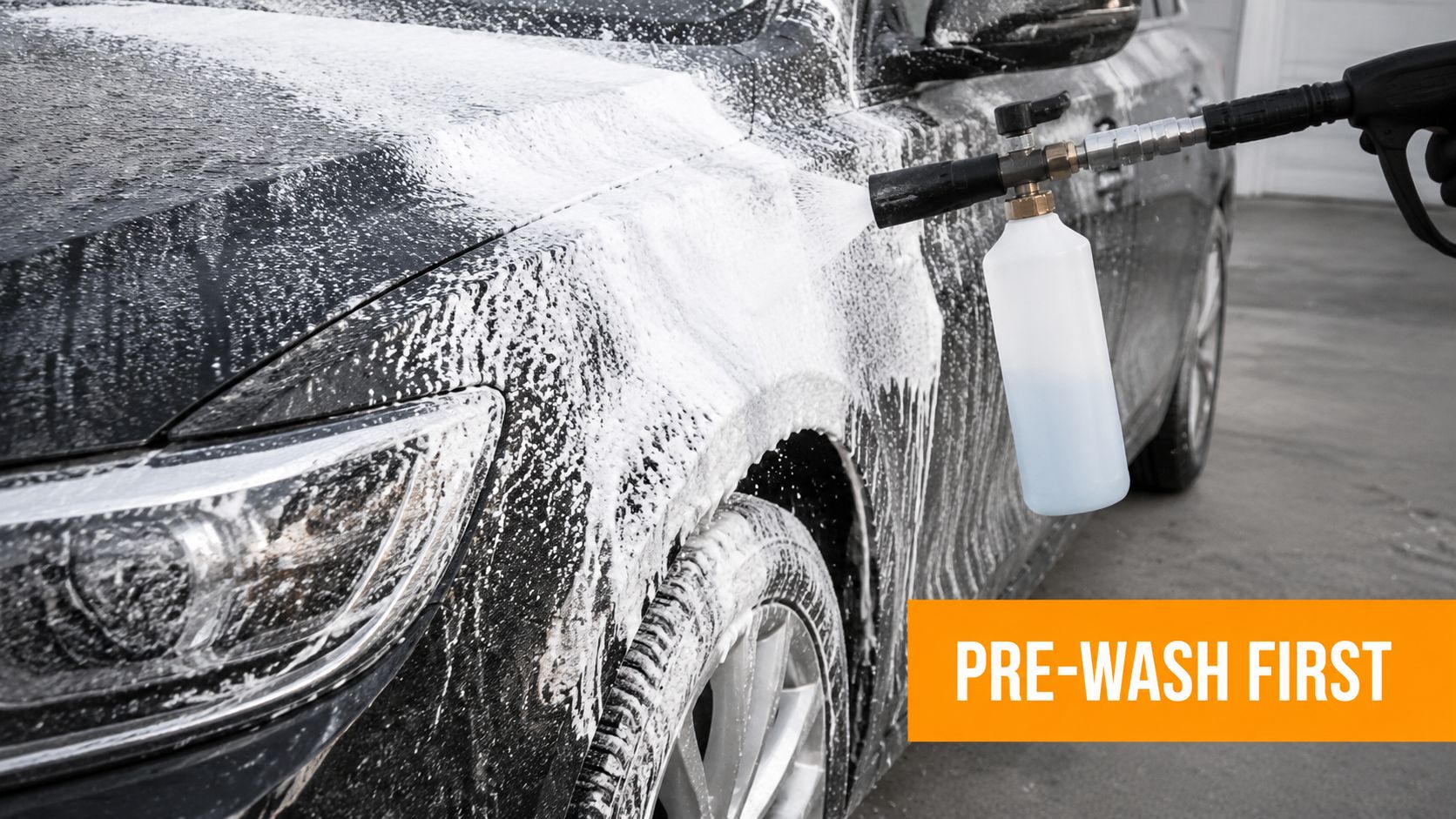 A black car being sprayed with white cleaning foam using a foam cannon pressure washer attachment.