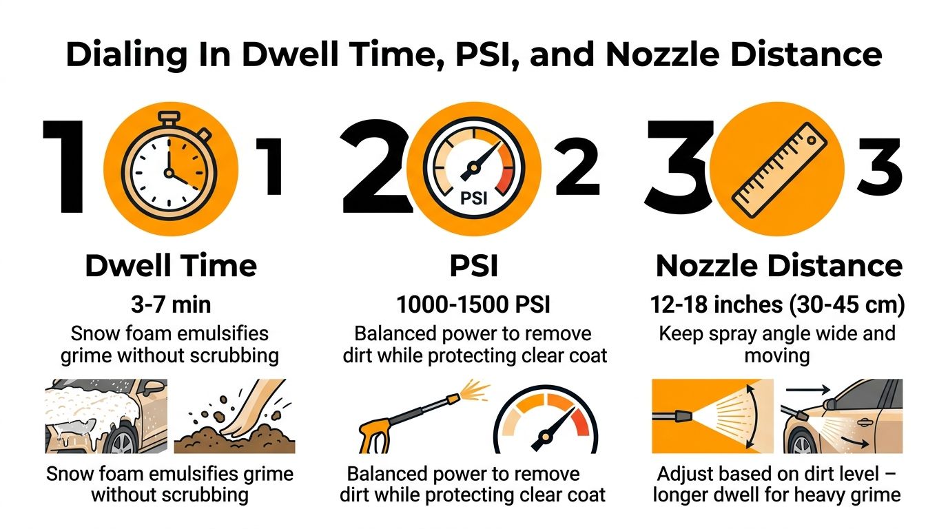 An infographic showing optimal dwell time, PSI pressure, and nozzle distance for a low pressure car wash.