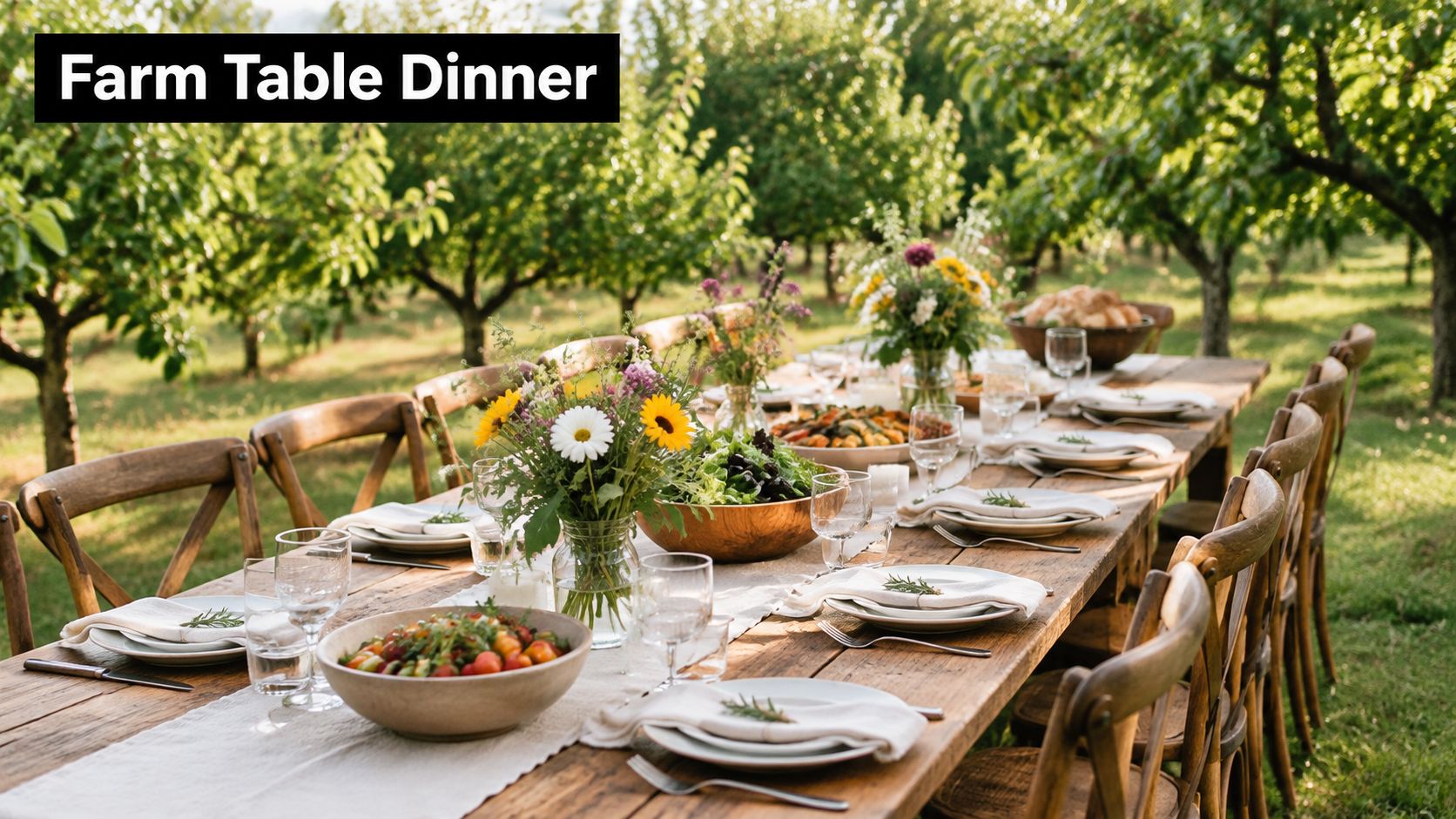 A long rustic wooden table set for an outdoor farm dinner surrounded by lush green fruit trees.