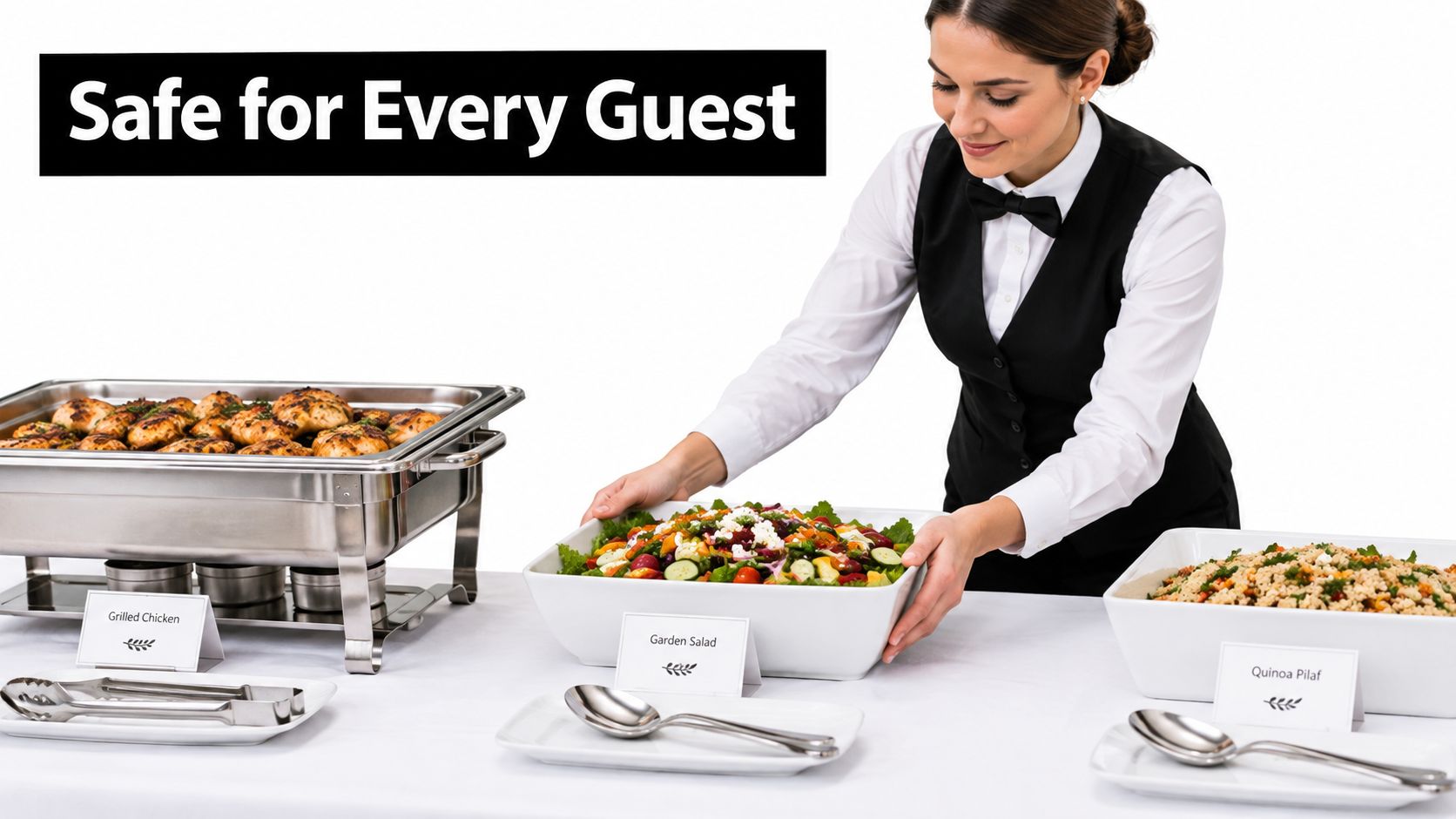 A professional catering server placing a fresh garden salad on a buffet table with various dishes.