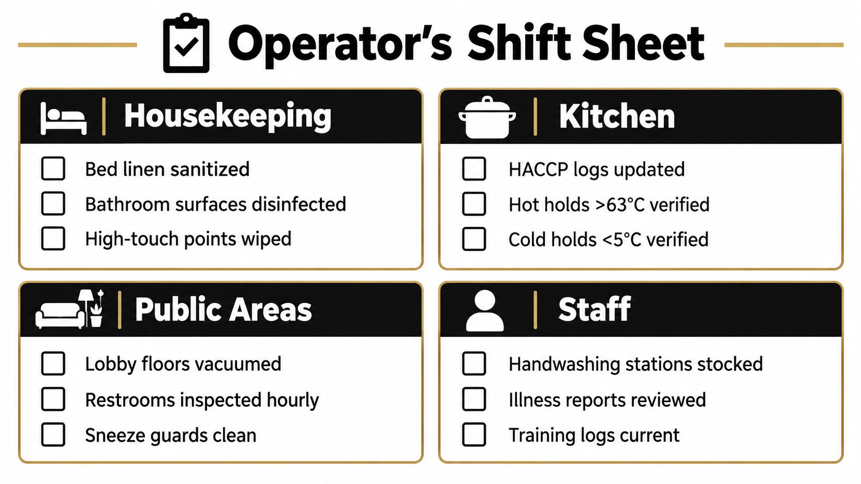 An Operator Shift Sheet checklist detailing hygiene and safety tasks for hotel housekeeping, kitchen, public areas, and staff.