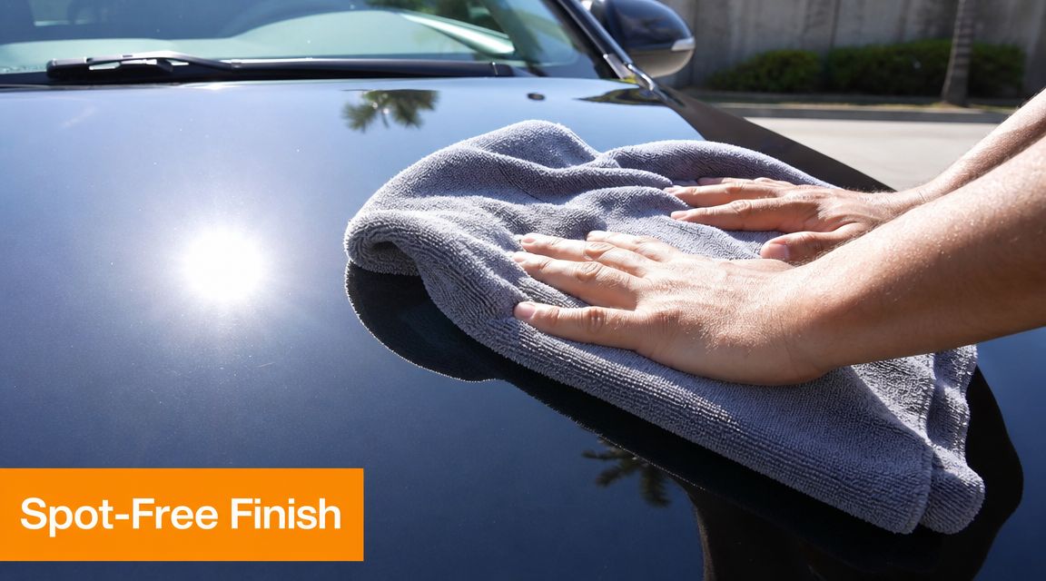 A close-up view of hands drying a shiny black car hood with a gray microfiber cloth.