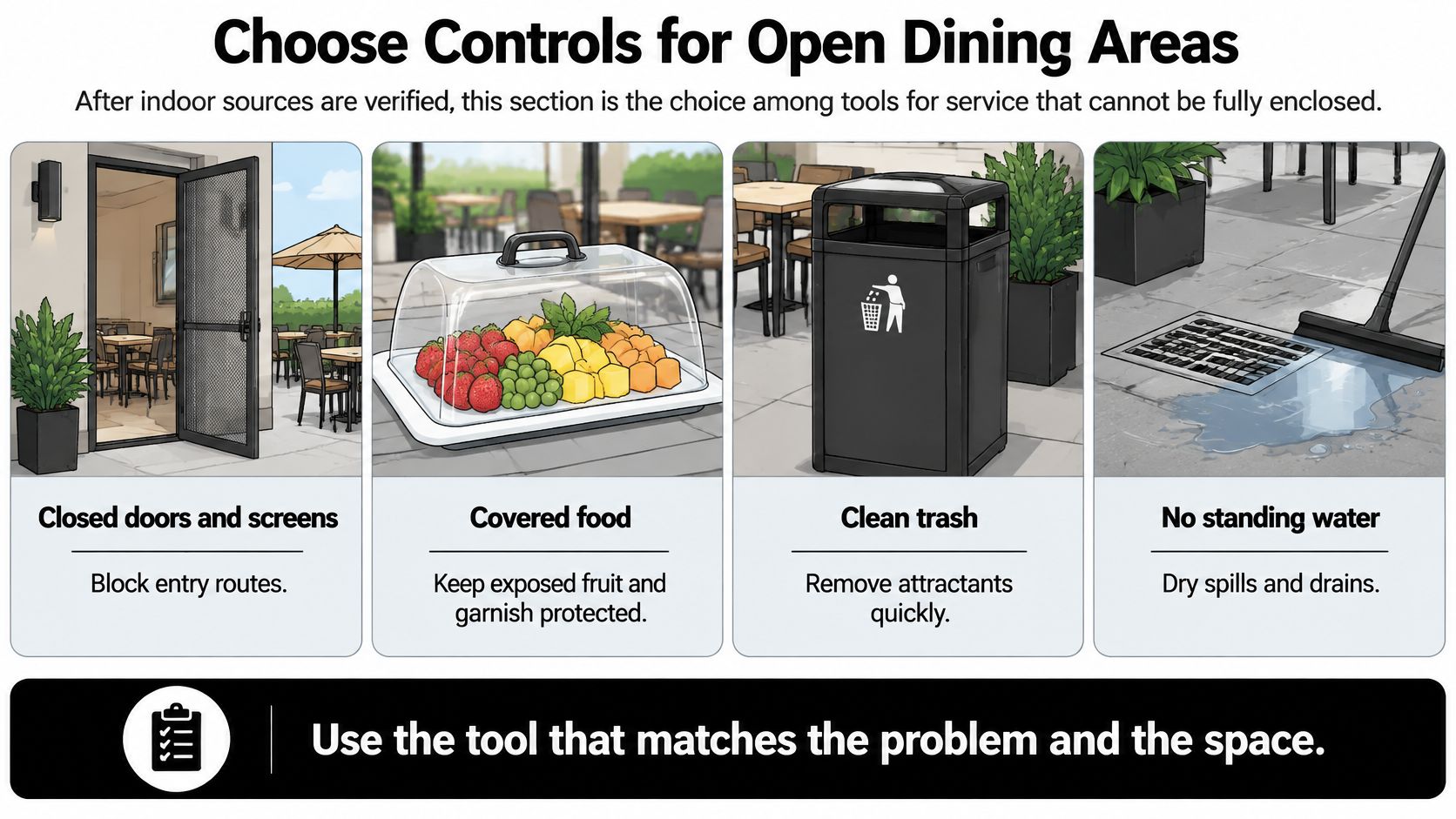 An infographic showing four methods to control pests in open dining areas: screens, food covers, trash maintenance, and cleaning water.