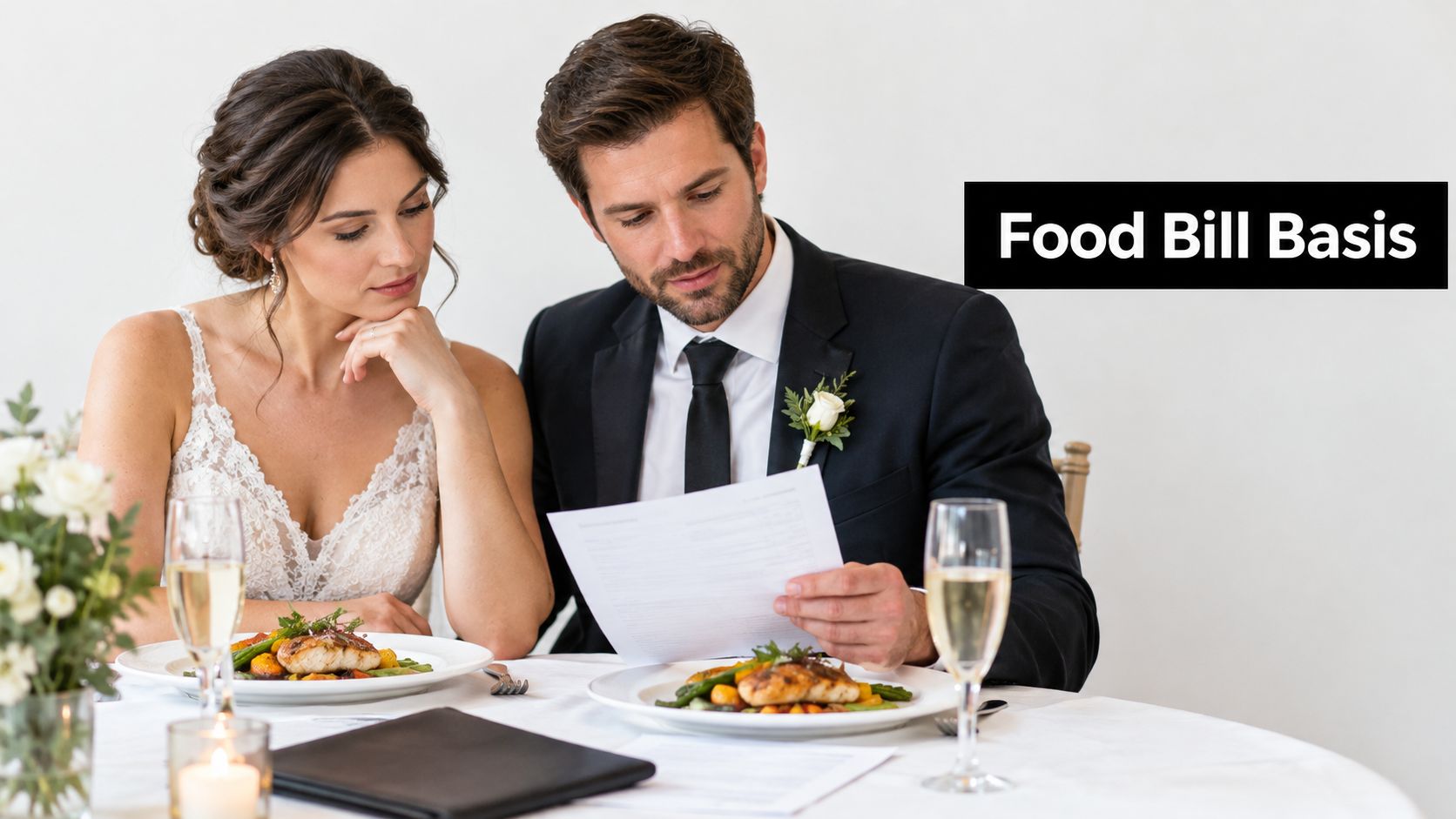 A bride and groom in formal wedding attire reviewing a document while seated at a dining table.