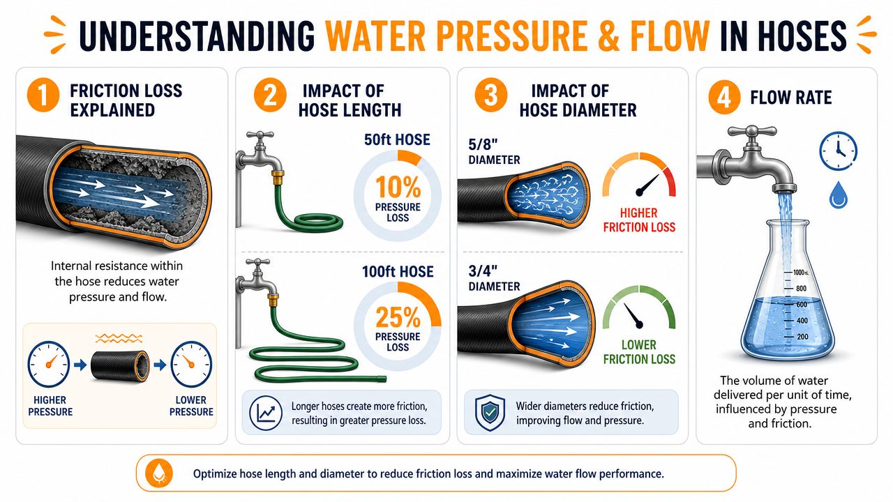 An infographic explaining how hose length and diameter affect water pressure and flow rate in hoses.