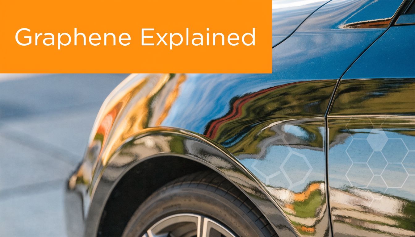 A close-up view of a shiny black car fender featuring a faint hexagonal graphene molecular structure pattern.