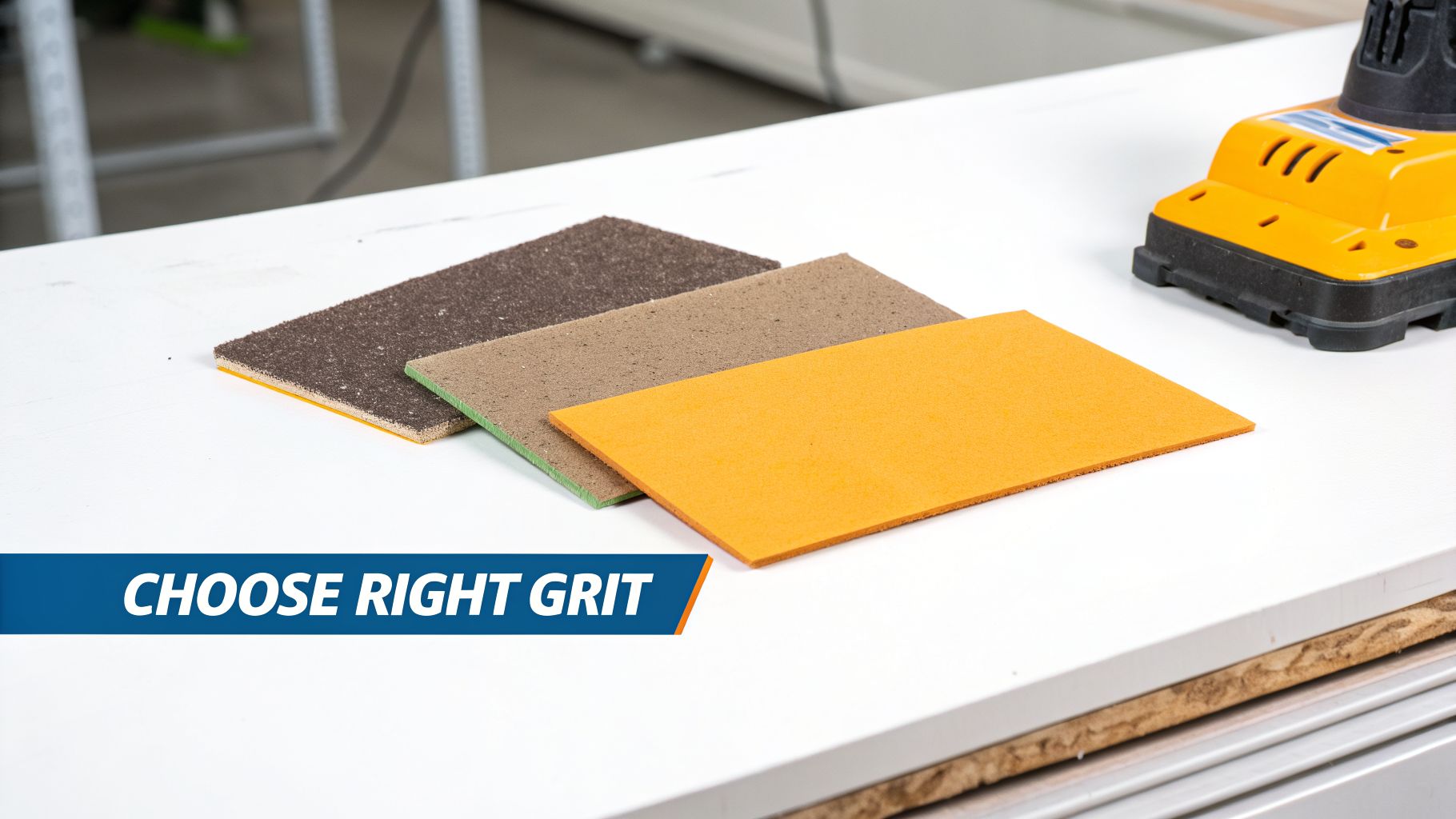 Three sanding sheets of different grits and colors are displayed on a white workbench with a sander.
