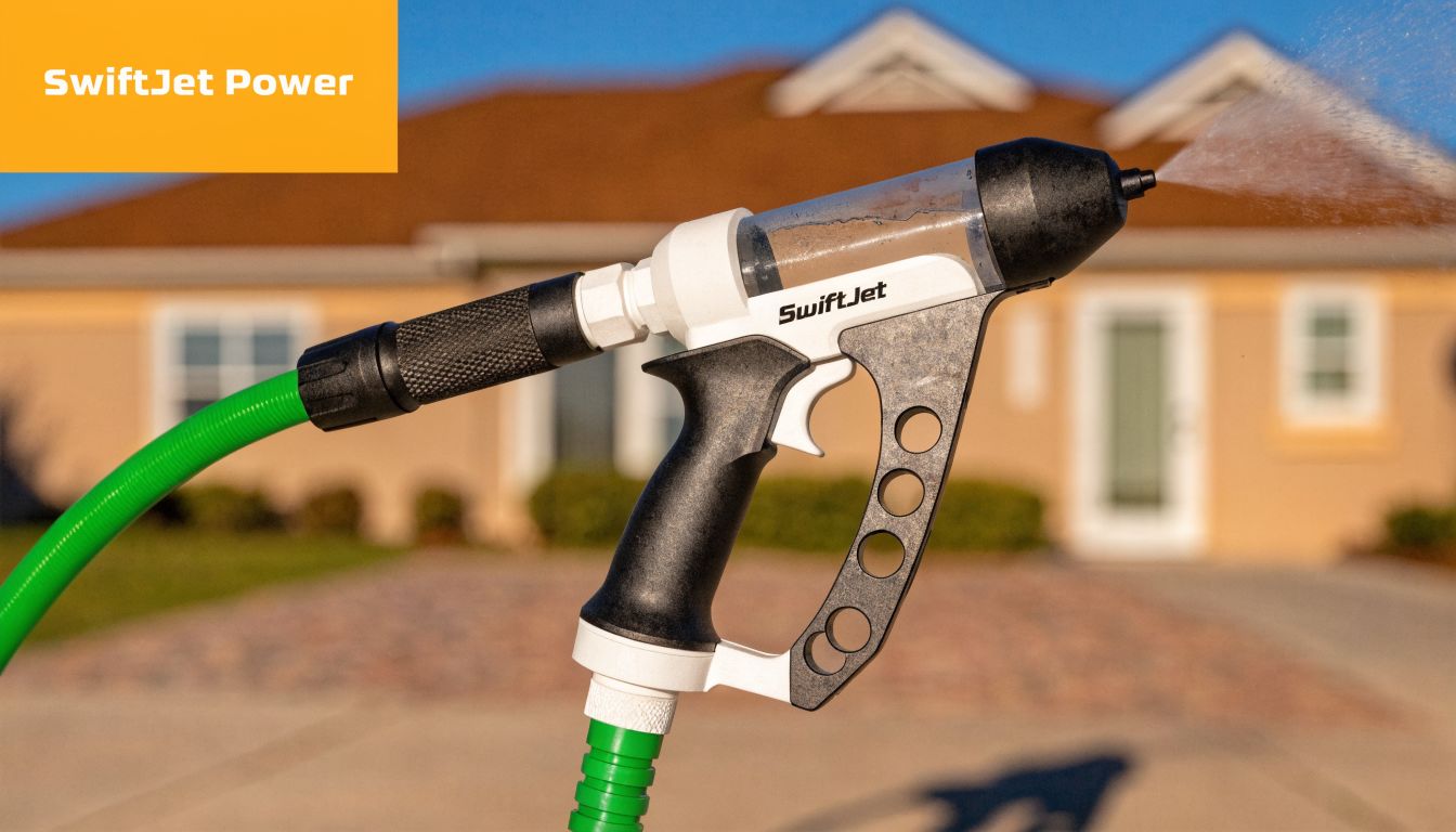 A handheld SwiftJet power spray nozzle attached to a green hose spraying water in front of a house.