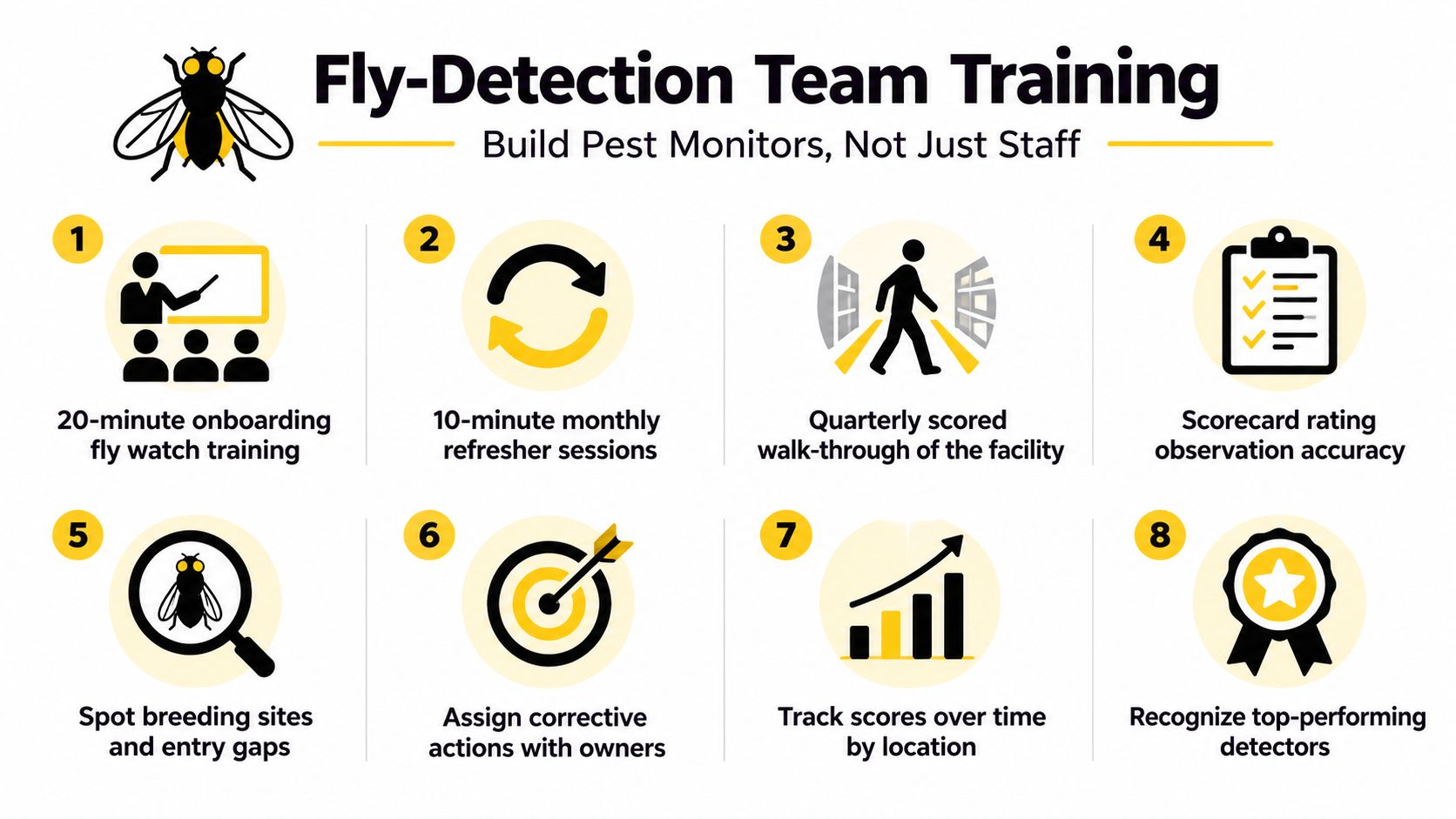 An infographic detailing an eight-step training program to help staff detect and manage flies in facilities.