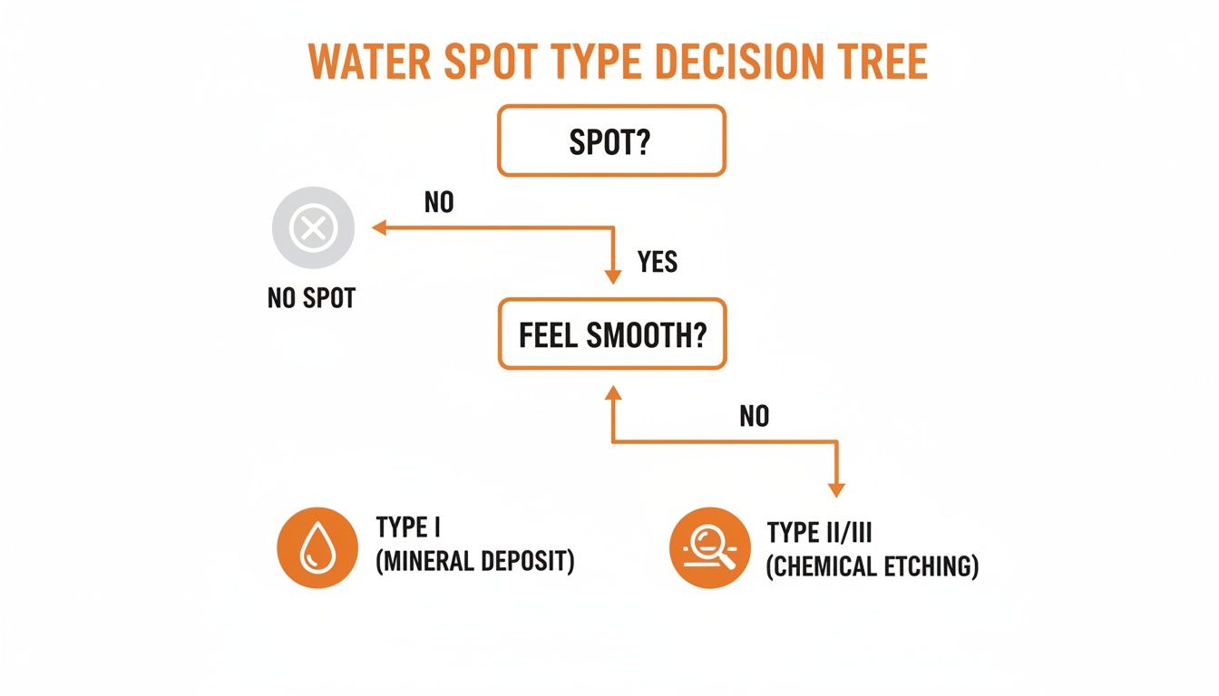 Decision tree flowchart illustrating how to identify water spot types based on presence and feel.