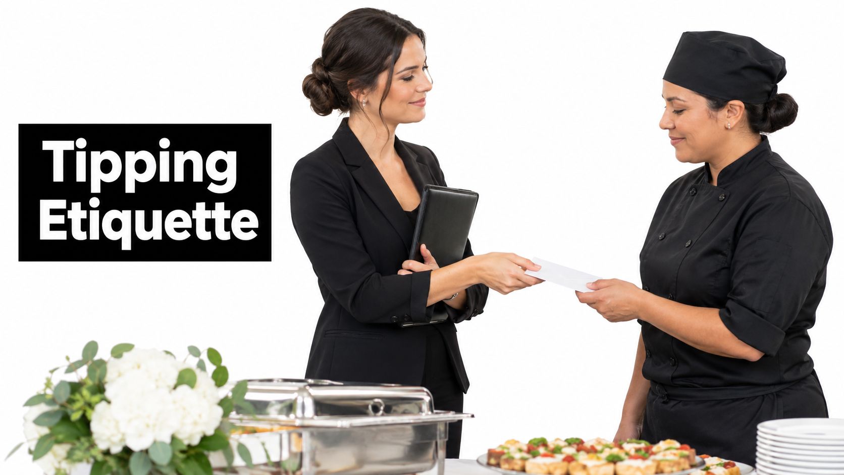 A professional woman in a business suit hands a tip to a caterer in a chef uniform.