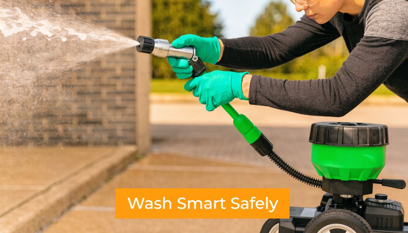 A person wearing green gloves uses a professional pressure washer foam cannon to clean an outdoor surface.