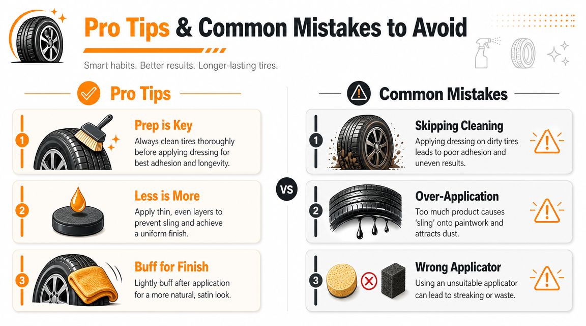 An infographic showing three pro tips and three common mistakes for applying tire dressing to vehicle tires.