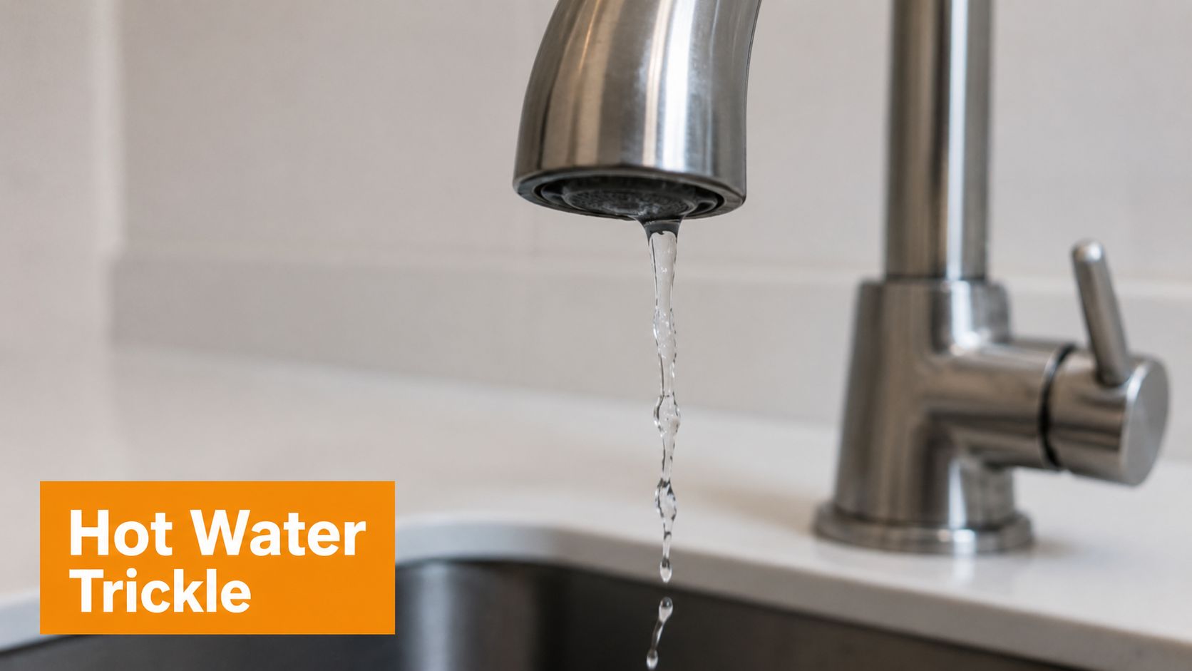 A close-up view of a kitchen faucet with a thin, slow trickle of water coming out.
