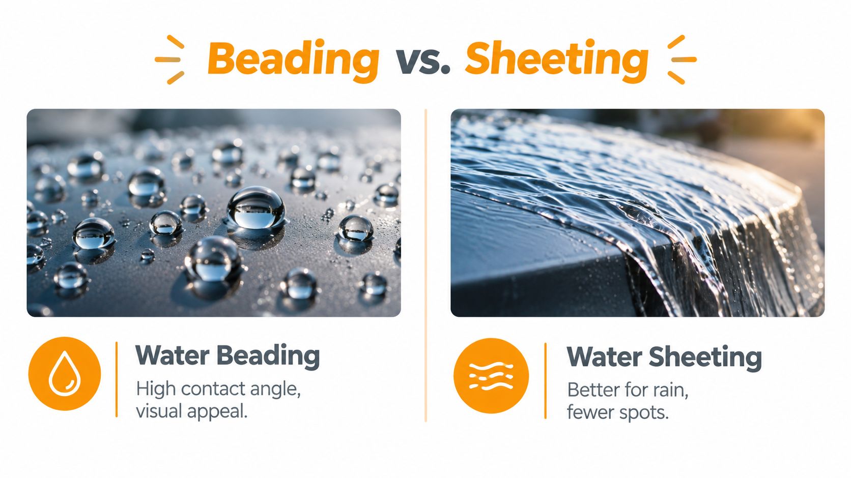 A side-by-side comparison showing water beading with droplets on a surface versus water sheeting running off.