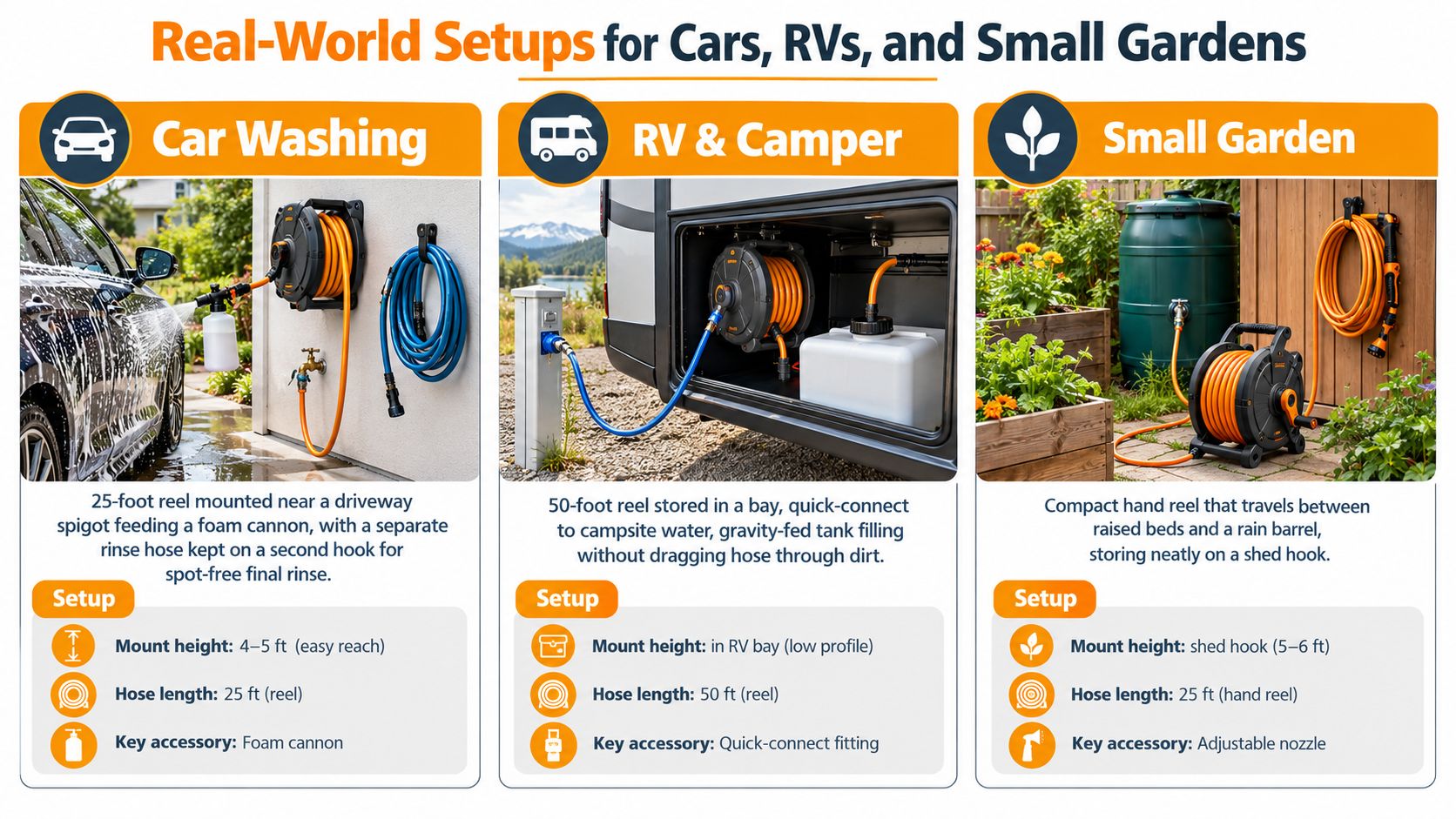 A visual guide showcasing how to use a compact water hose reel for car washing, RVs, and gardens.