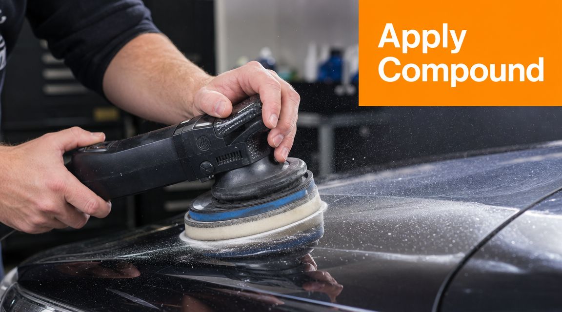 A professional car detailer uses an electric orbital polisher to apply compound to a dark car hood.