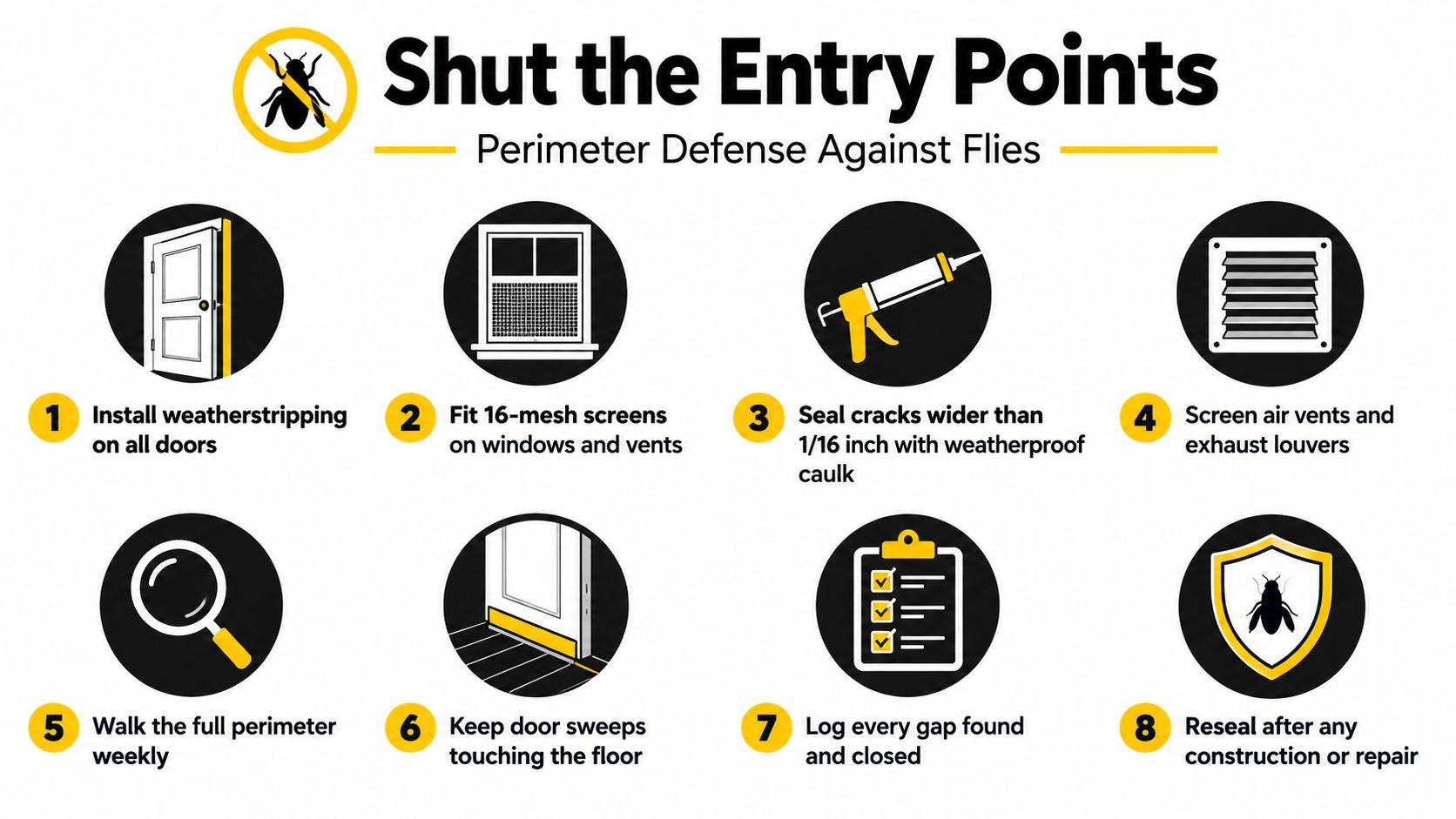 An infographic showing eight steps for restaurant owners to prevent flies by securing building entry points.