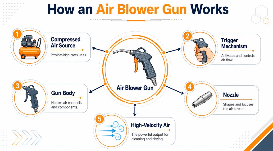 An infographic illustrating the five key components and working principles of a pneumatic air blower gun device.