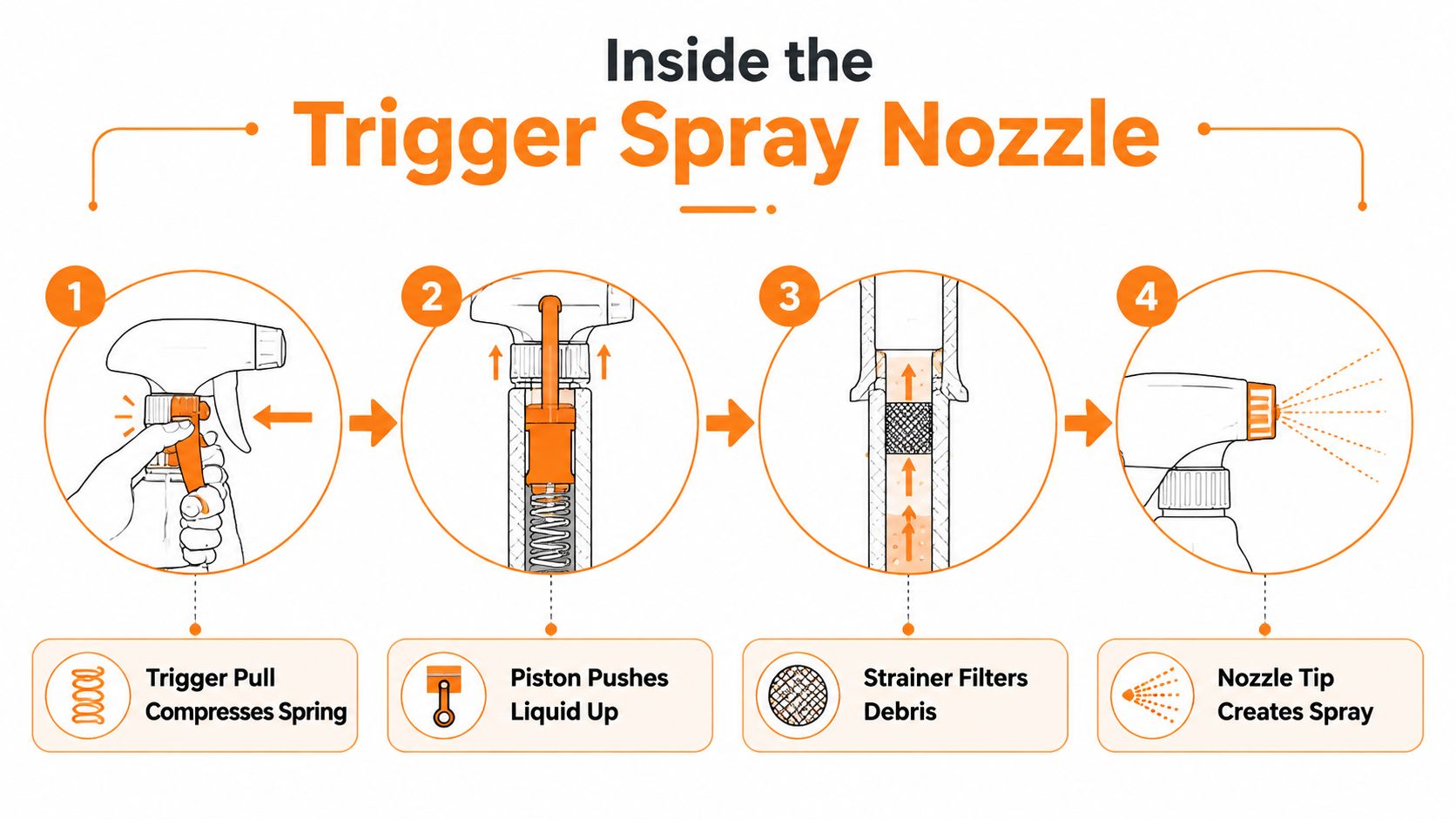 A four-step infographic showing the internal mechanism of a trigger spray nozzle, from compression to spraying.