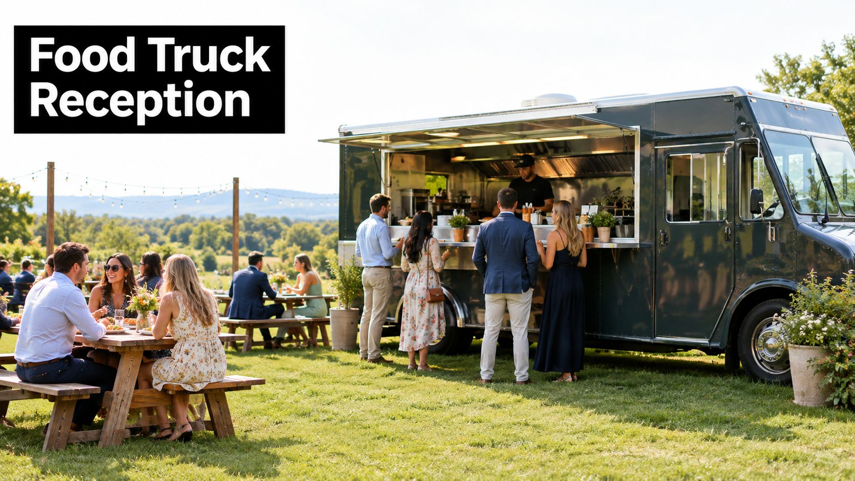Guests enjoying food and drinks at a scenic outdoor food truck reception on a sunny day.