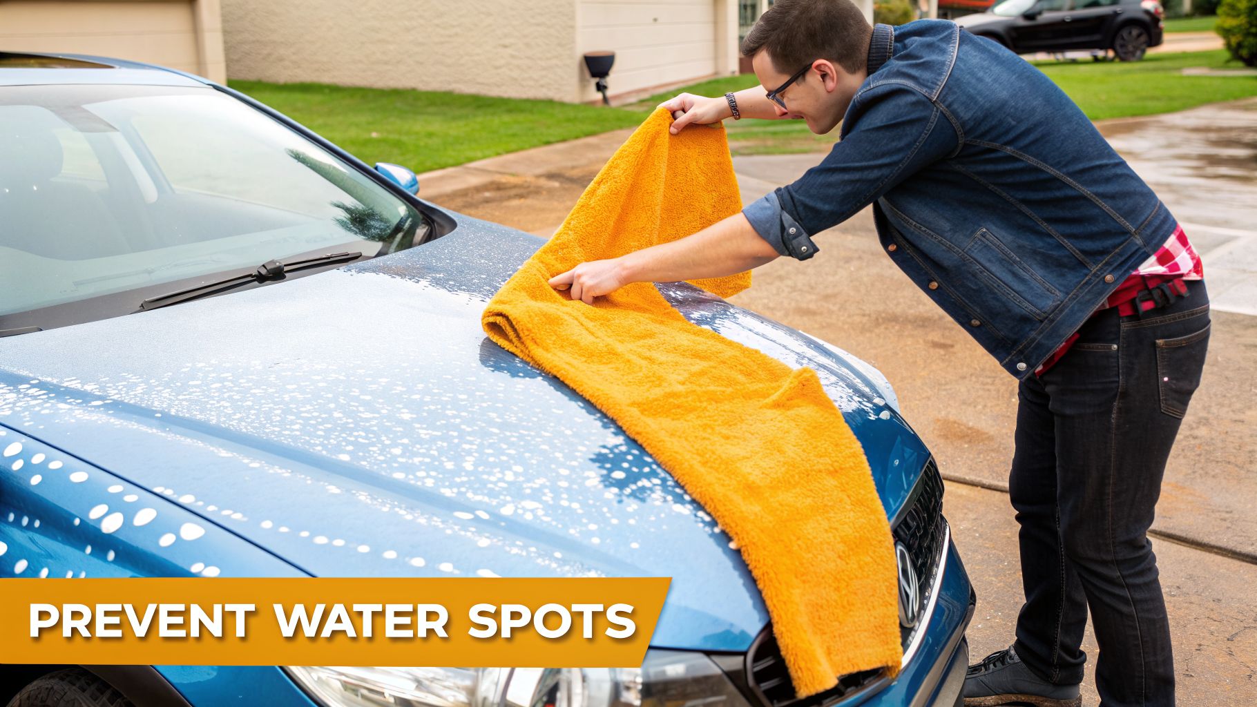 A man carefully dries a blue car with a large orange microfiber towel to prevent water spots.
