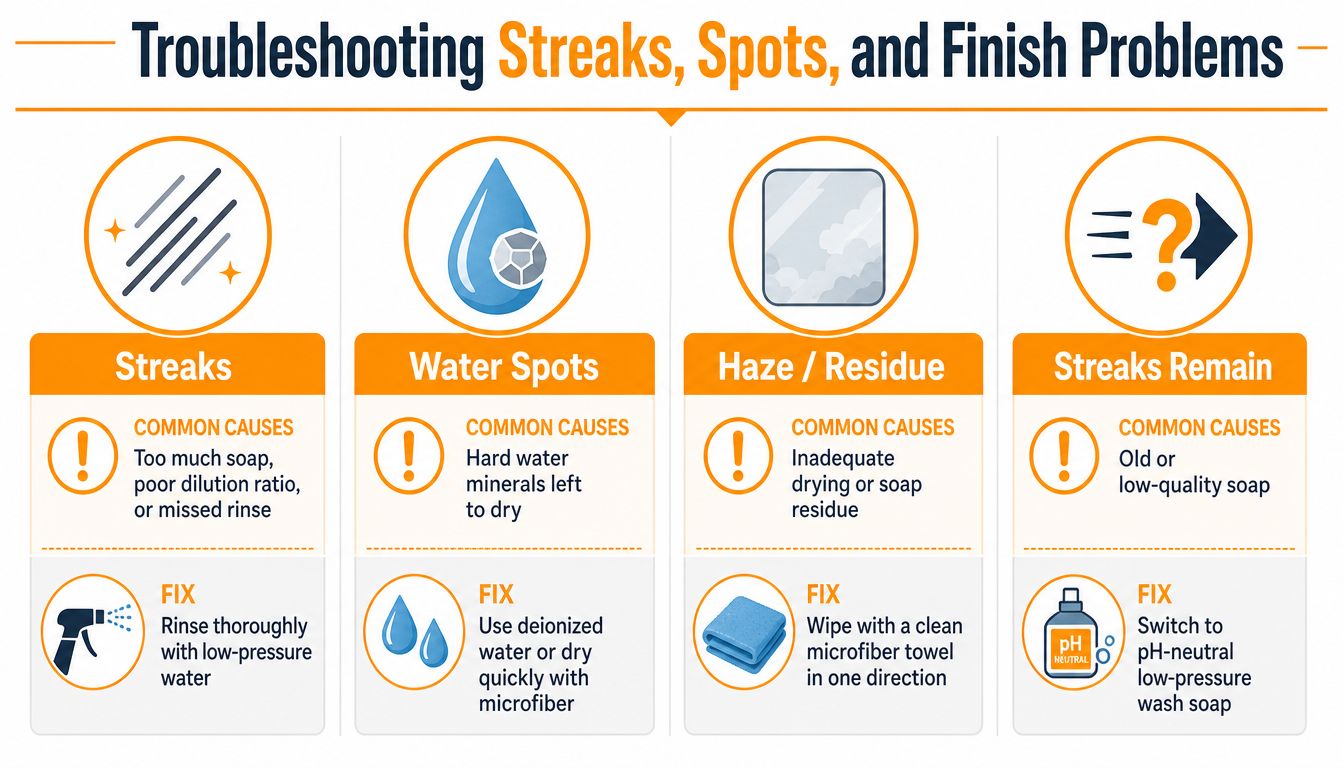 A troubleshooting infographic for washing vehicles, detailing common causes and fixes for streaks, water spots, and haze.