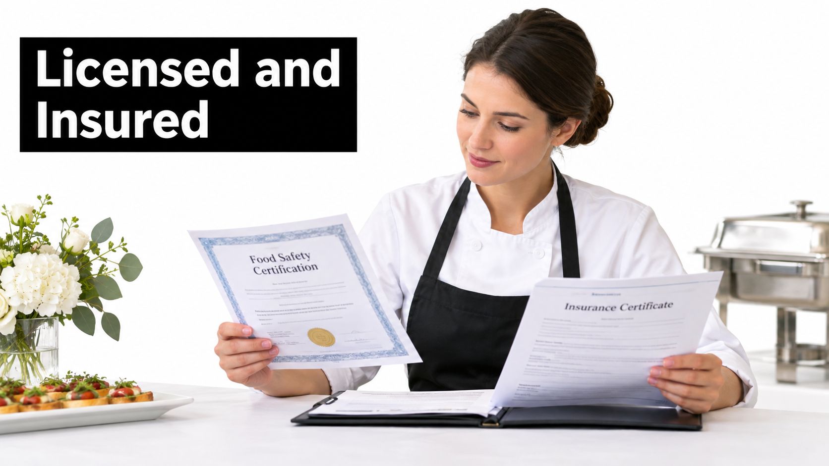 A professional caterer in a uniform reviewing food safety and insurance certificates for a catering service.