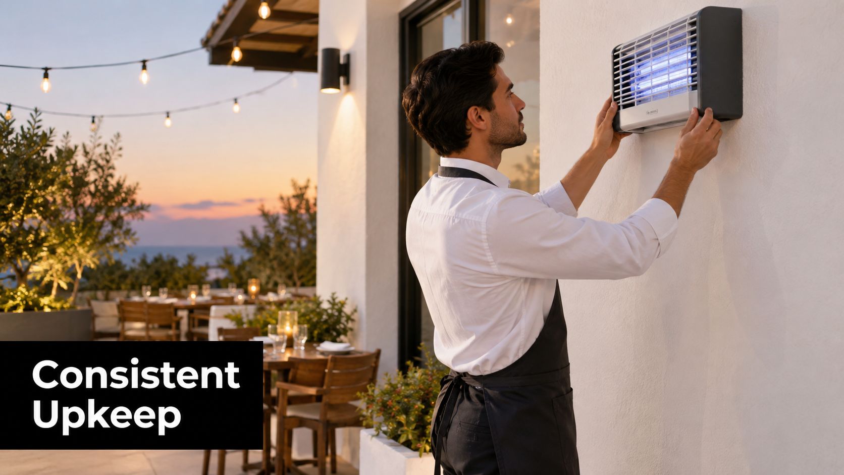 A professional waiter wearing an apron installs a UV insect light trap on an outdoor restaurant wall.