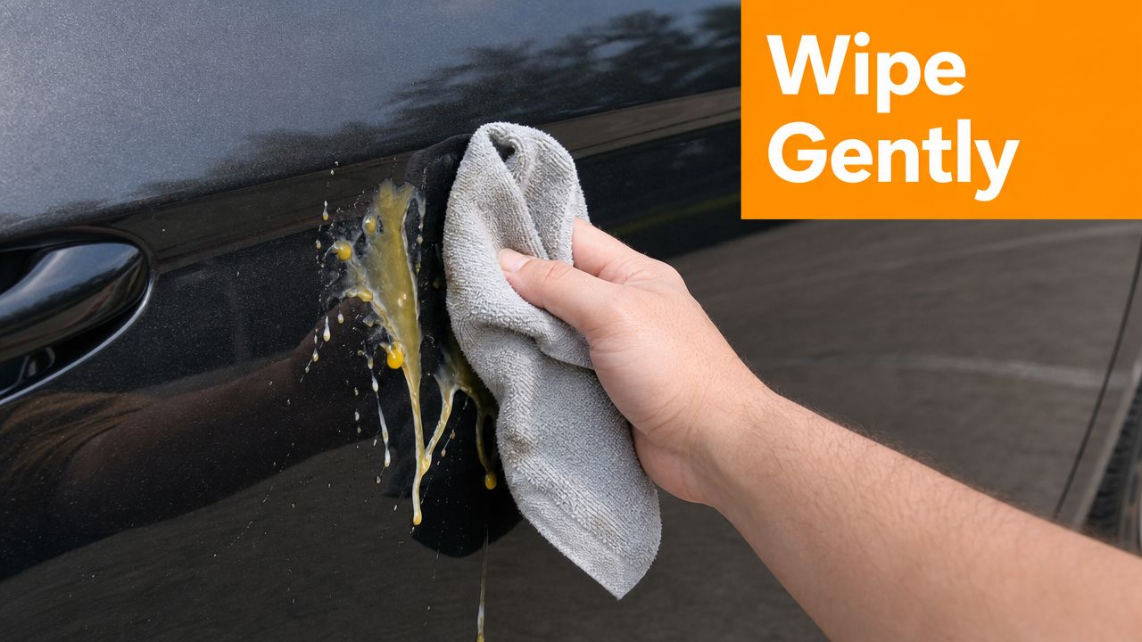 A hand using a grey microfiber towel to gently wipe raw egg off a black car door.