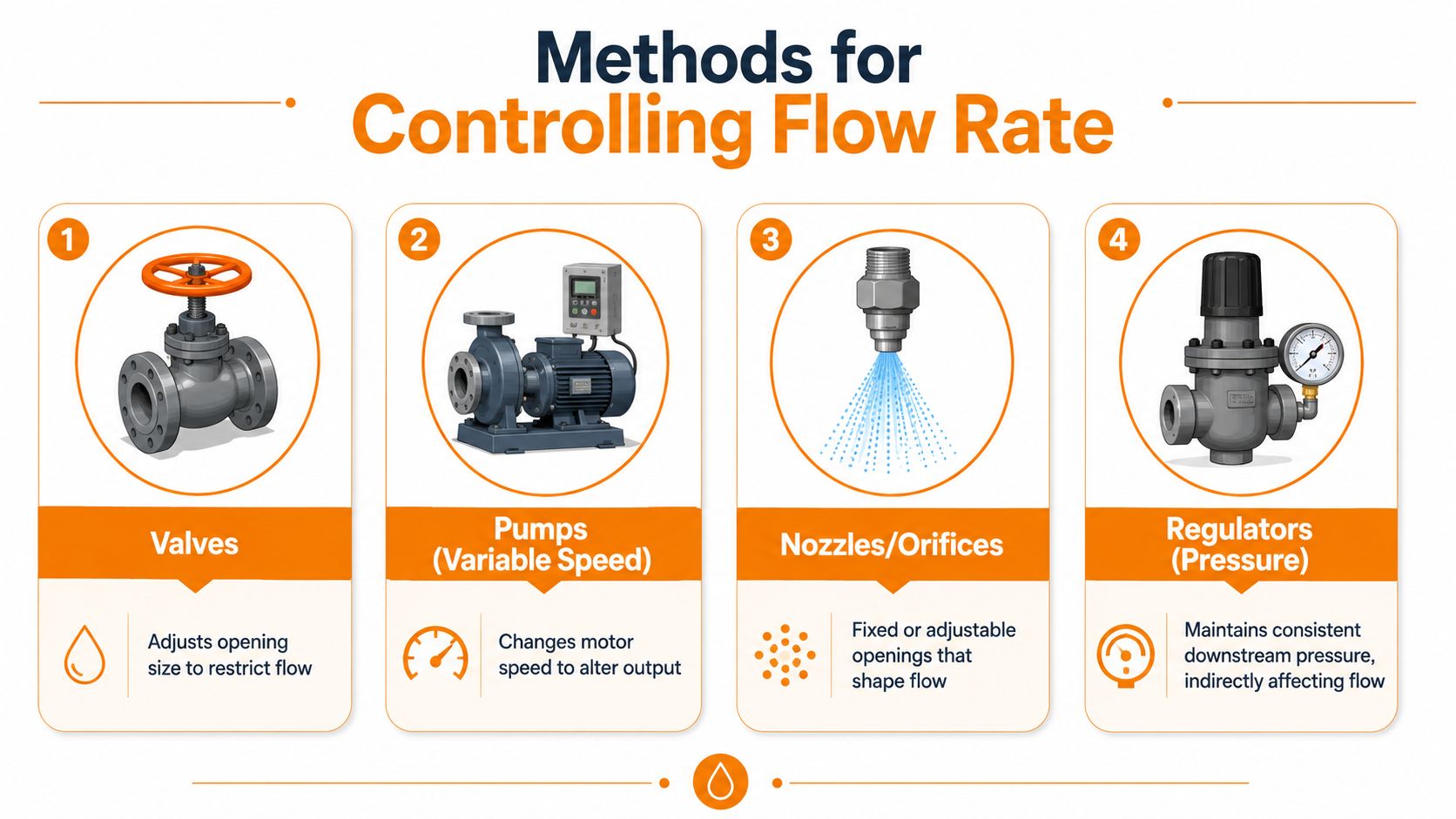 A diagram illustrating four common methods for controlling flow rate in industrial piping systems.