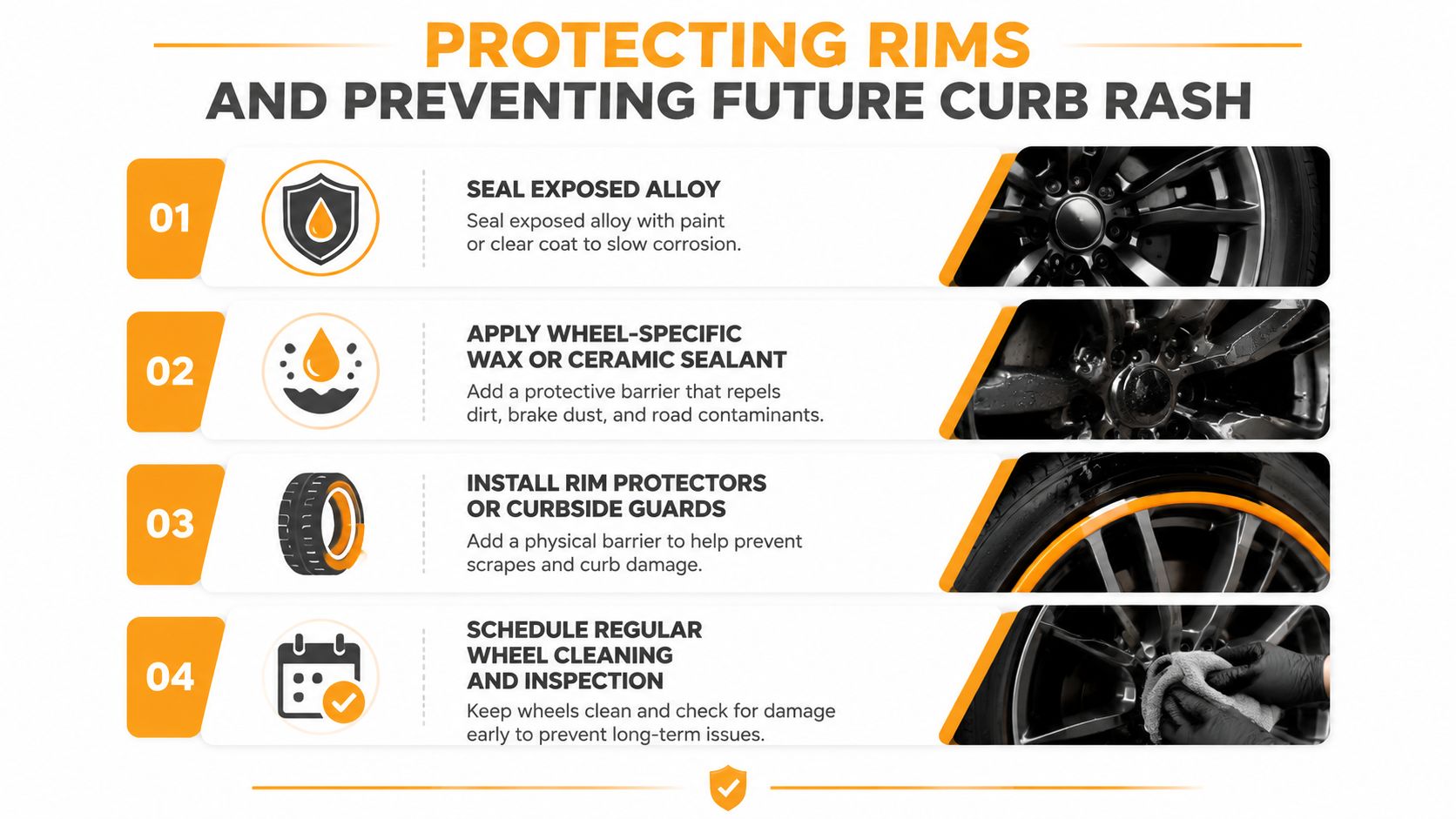 An infographic showing four essential steps for protecting car rims and preventing future curb rash damage.