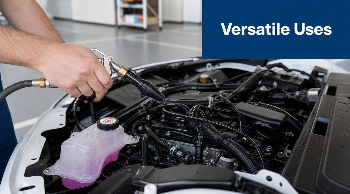 A mechanic uses an air blower gun to clean the engine bay of a white car.