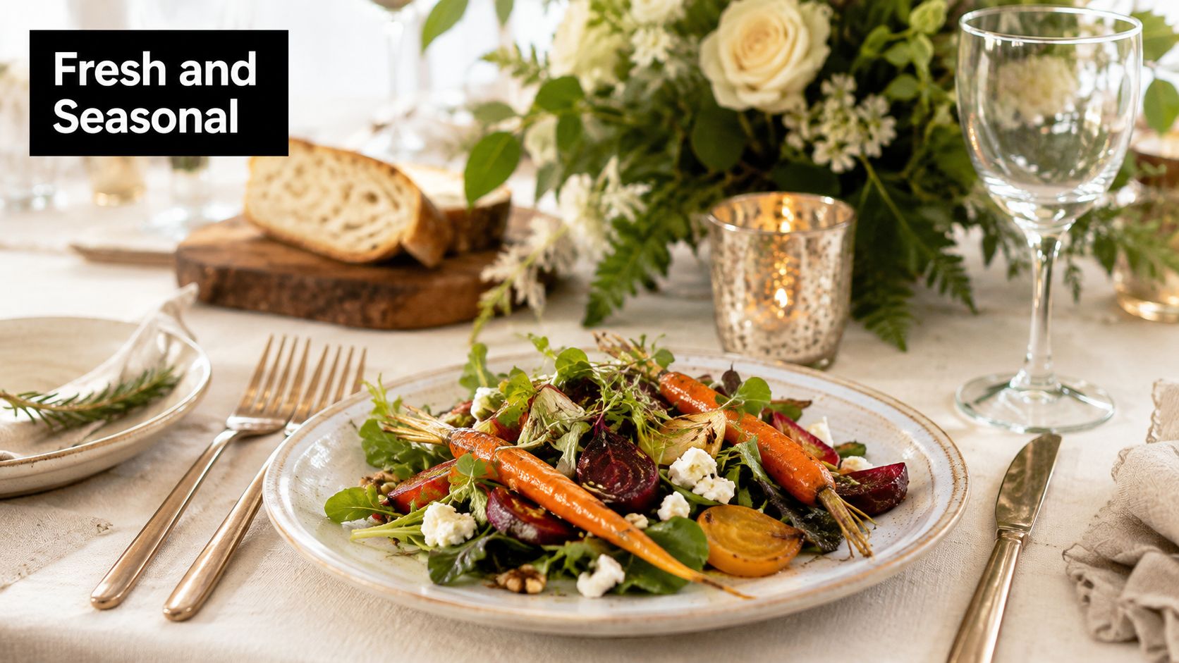 A rustic salad with roasted carrots and beets served on an elegant table setting for a wedding.